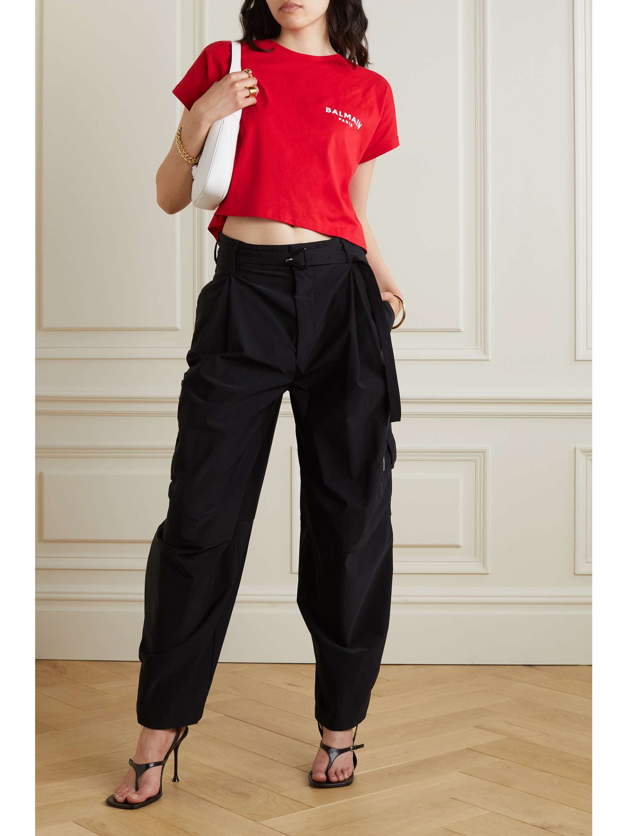 balmain cropped flocked cotton jersey t shirt