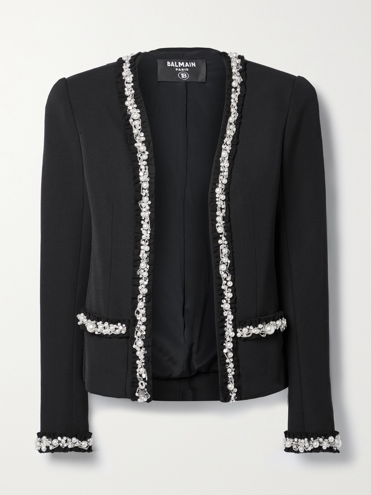 Balmain Embellished Tulle-trimmed Wool And Cotton Blazer In Black