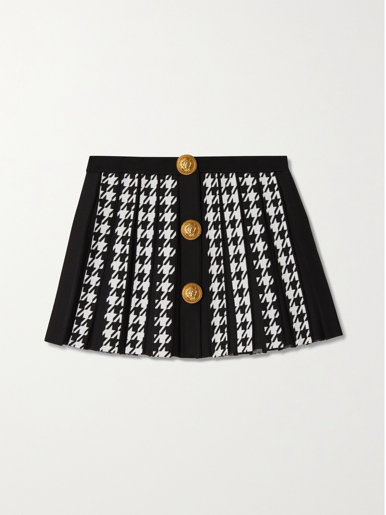 Balmain Button-embellished Pleated Houndstooth Jacquard-knit Mini Skirt - Black