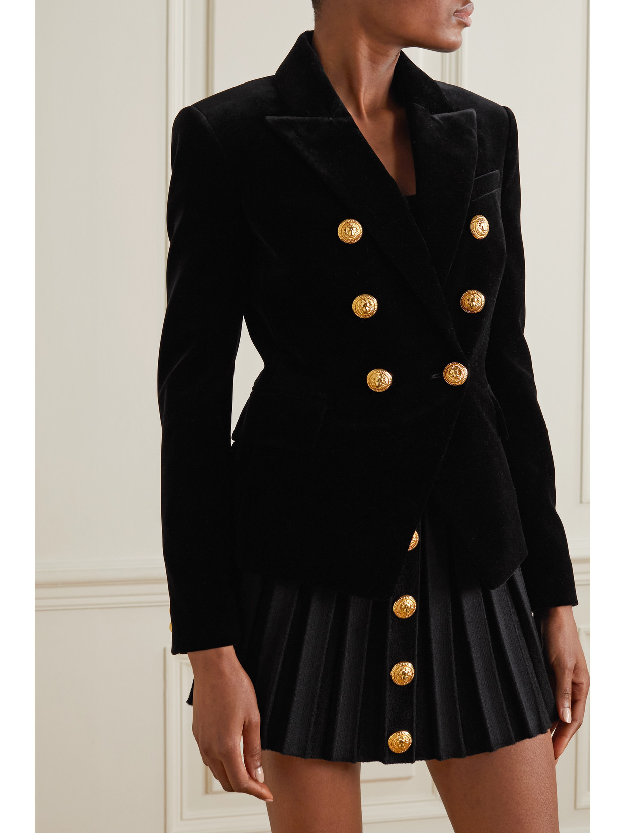 Shop Balmain Double-breasted Cotton-velvet Blazer In Black