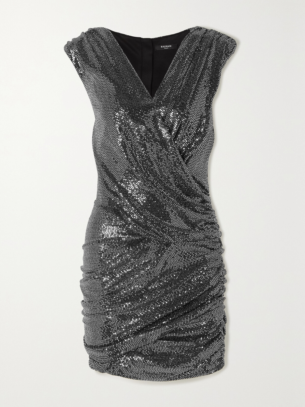 Balmain Short Draped Jersey Dress With Silver Sequins In Black