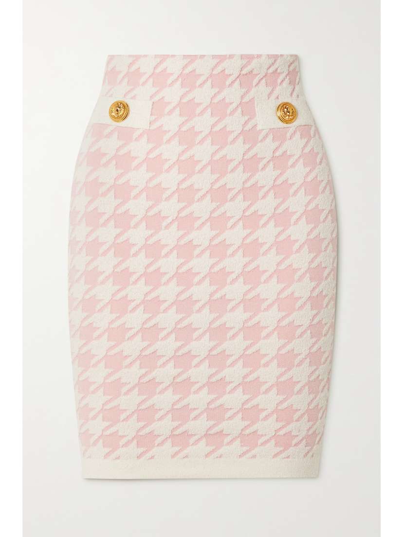 Balmain Button-embellished Houndstooth Jacquard-knit Skirt