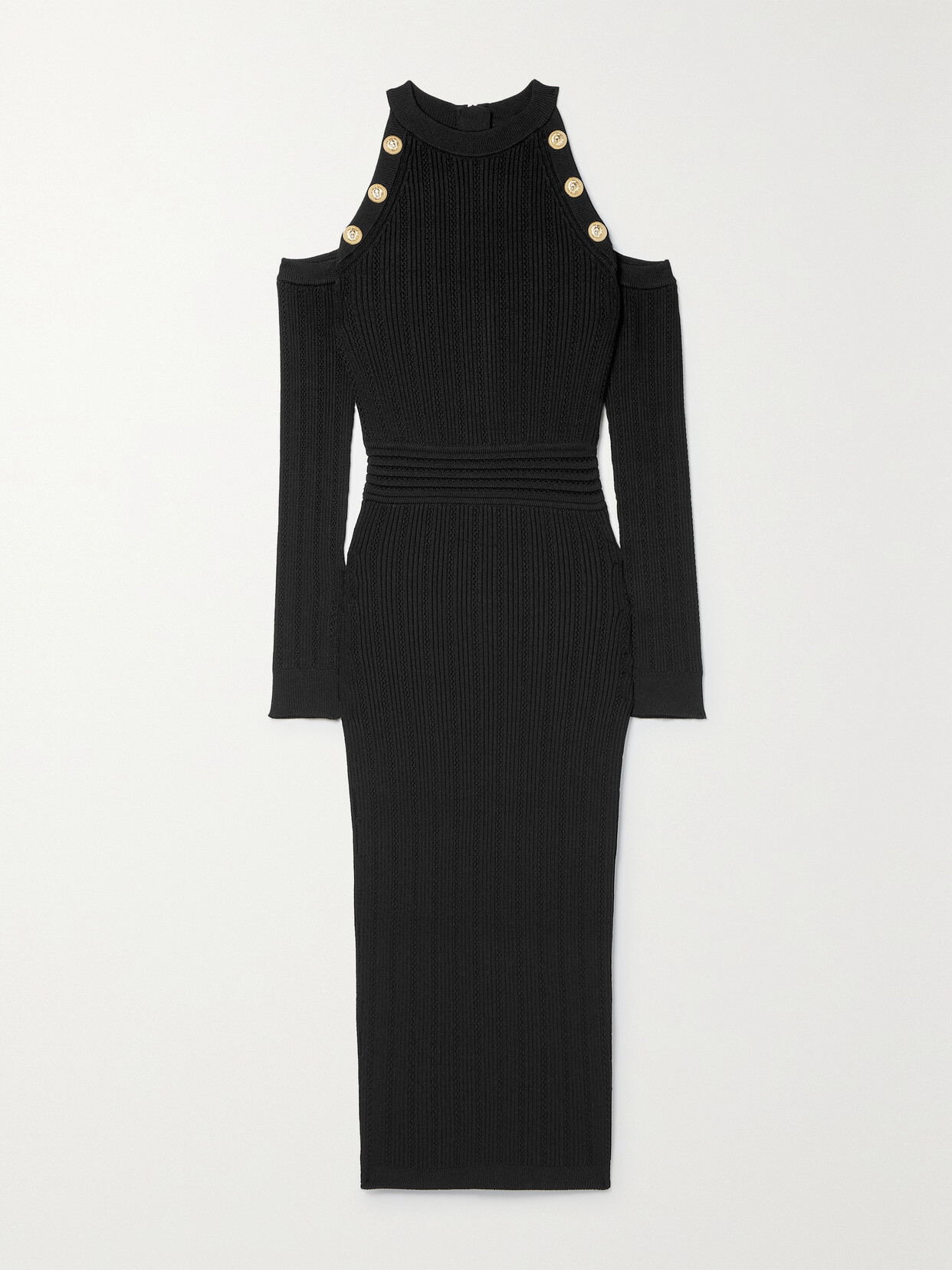 Balmain Cold-shoulder Embellished Ribbed-knit Midi Dress - Black