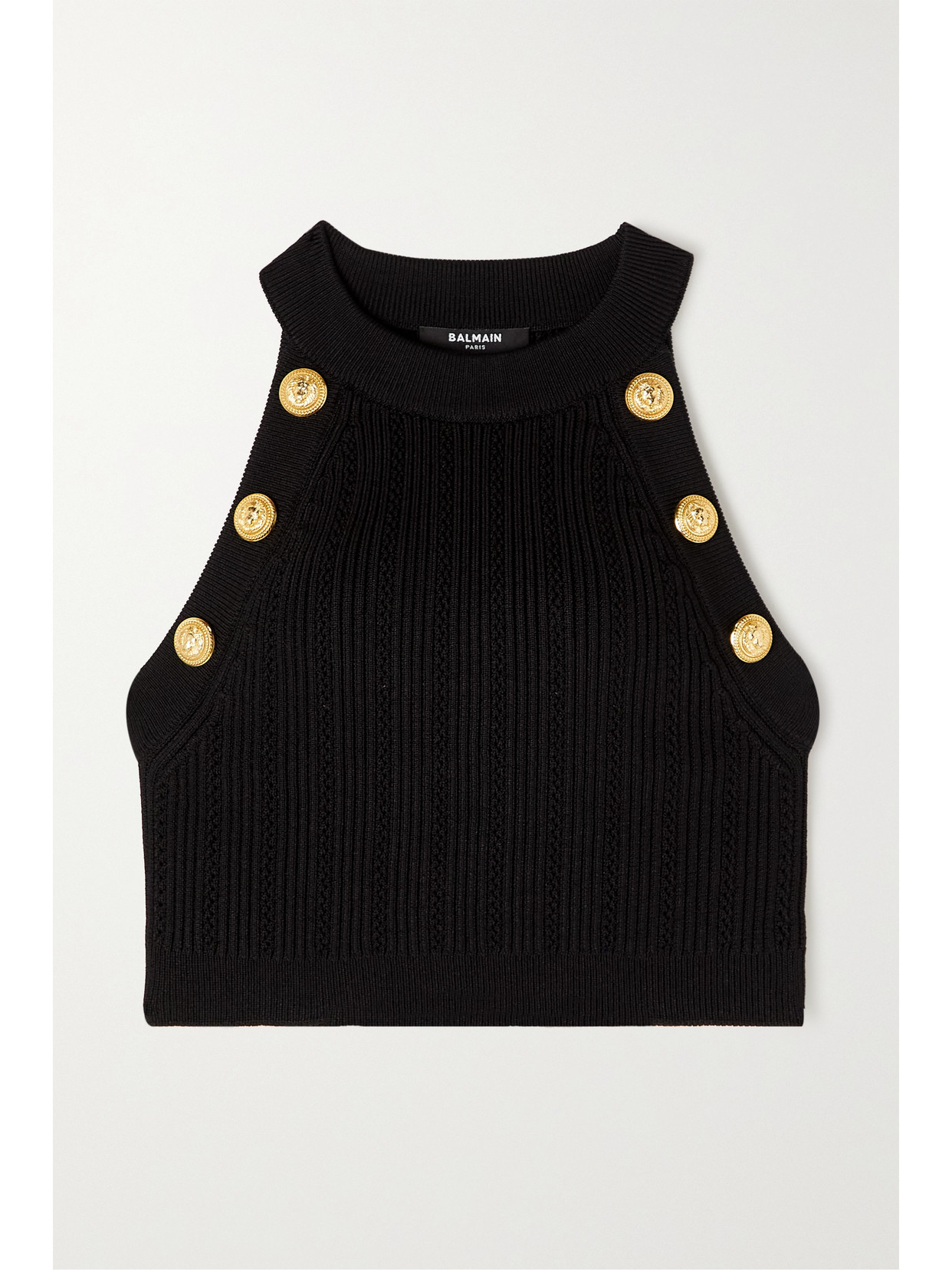 Balmain Embellished Ribbed-knit Halterneck Top In Black