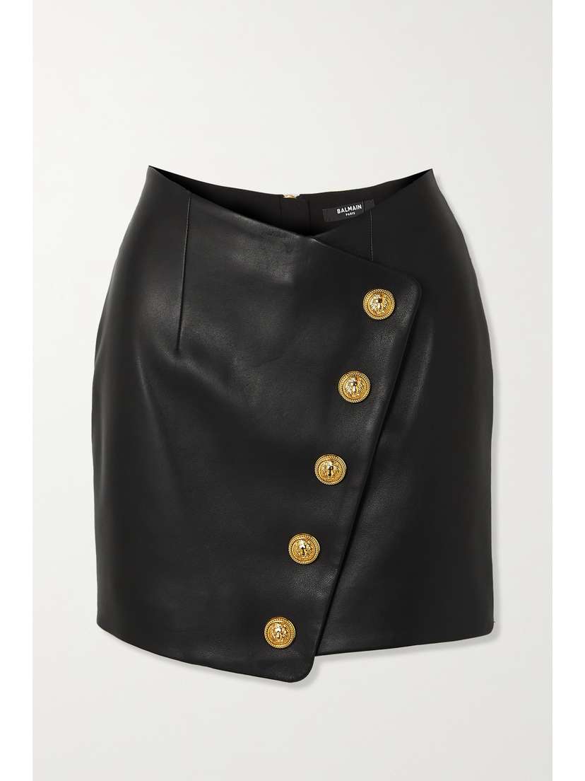 Balmain Asymmetric Leather Wrap Mini Skirt