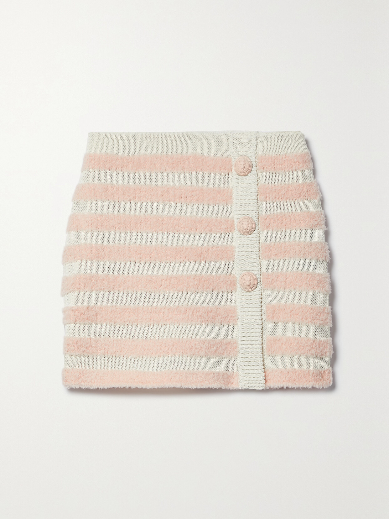 Balmain Button-embellished Striped Knitted Mini Skirt In Pink