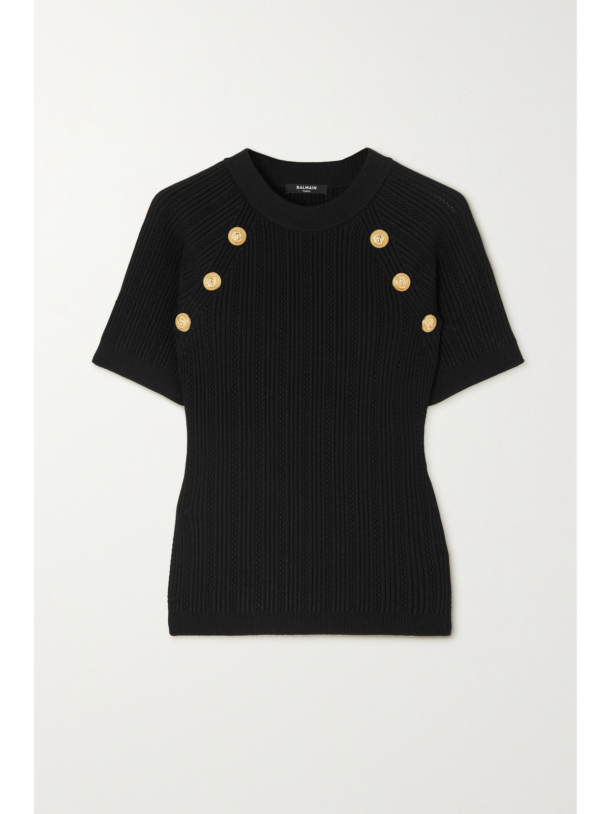 Balmain Sleeveless Black Crop Knit Top With Gold Buttons In Black