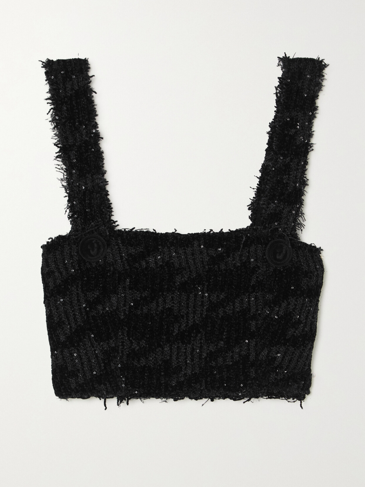 Balmain Cropped Sequin-embellished Houndstooth Stretch-knit Top In Black