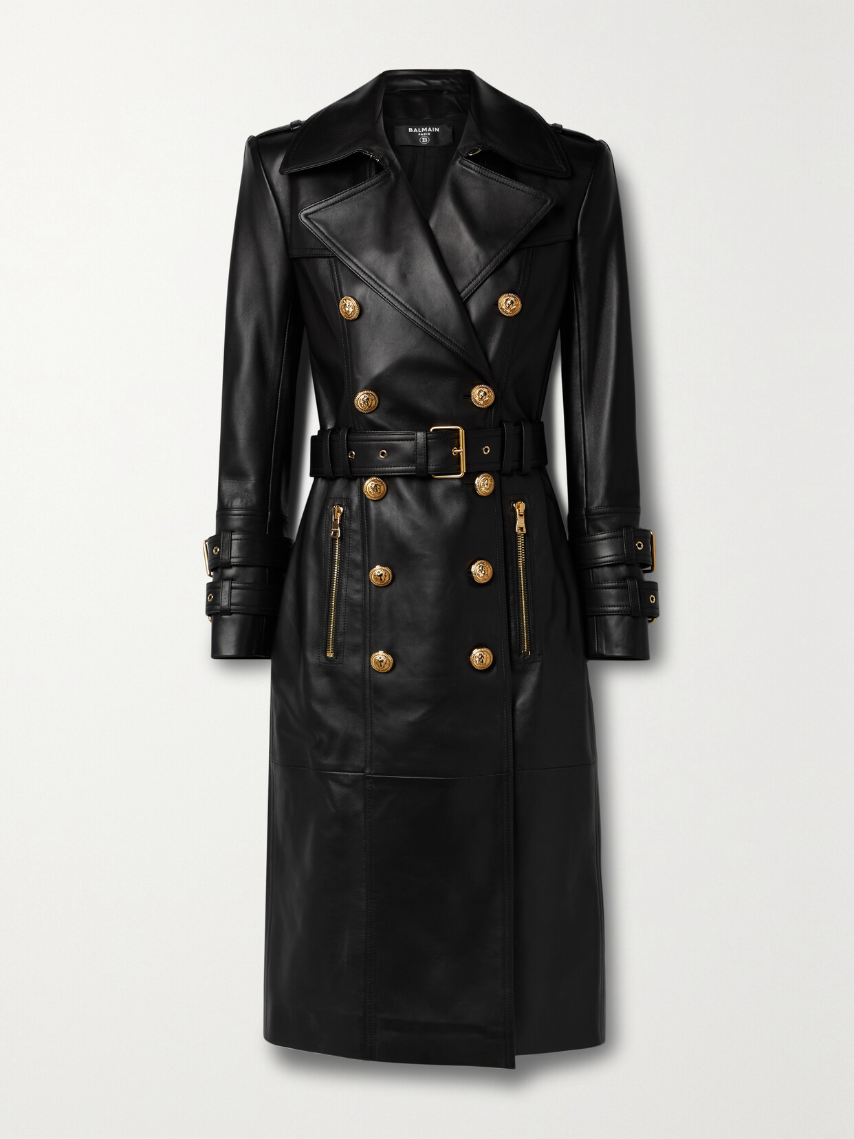 BALMAIN BELTED DOUBLE-BREASTED LEATHER TRENCH COAT