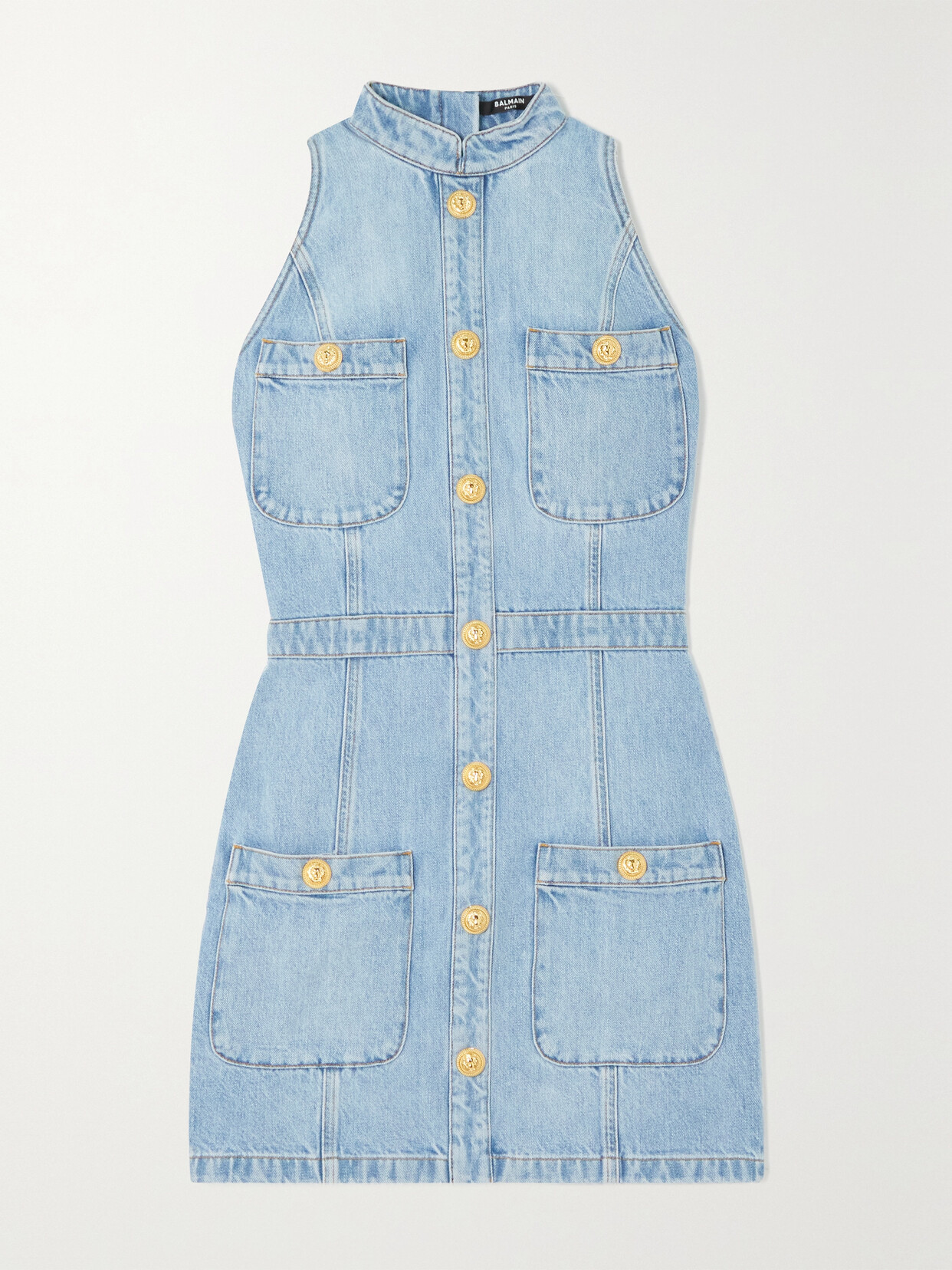 BALMAIN BUTTON-EMBELLISHED DENIM MINI DRESS