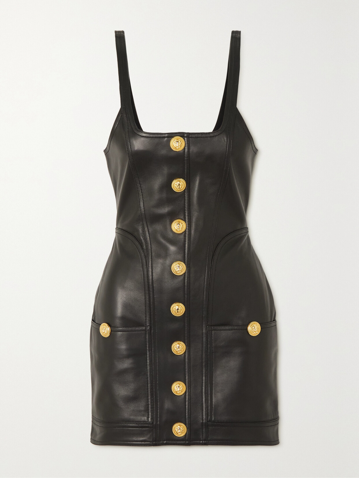 Balmain Button-embellished Paneled Leather Mini Dress - Black