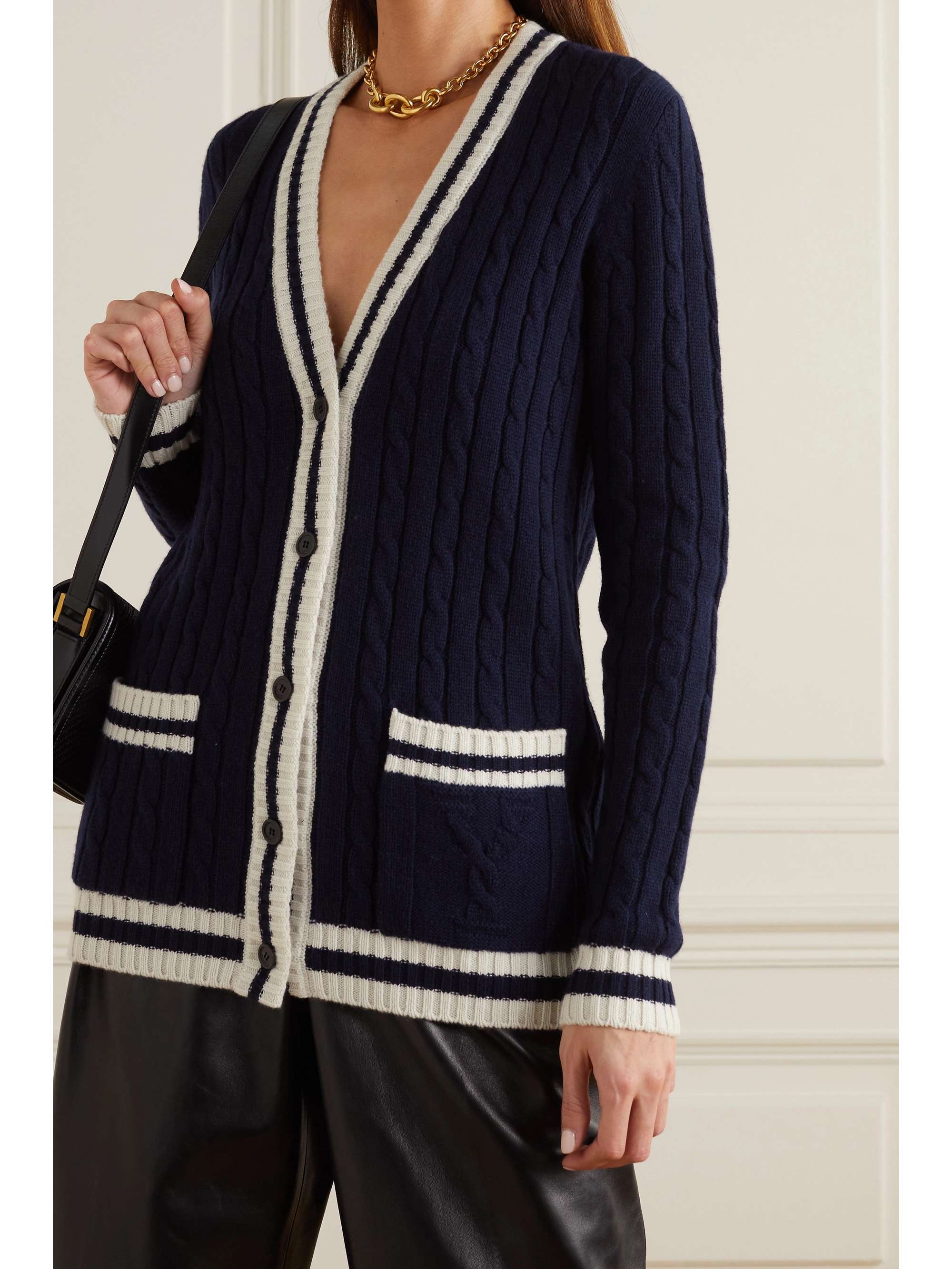 Navy Striped cableknit cashmere cardigan SAINT LAURENT NETAPORTER