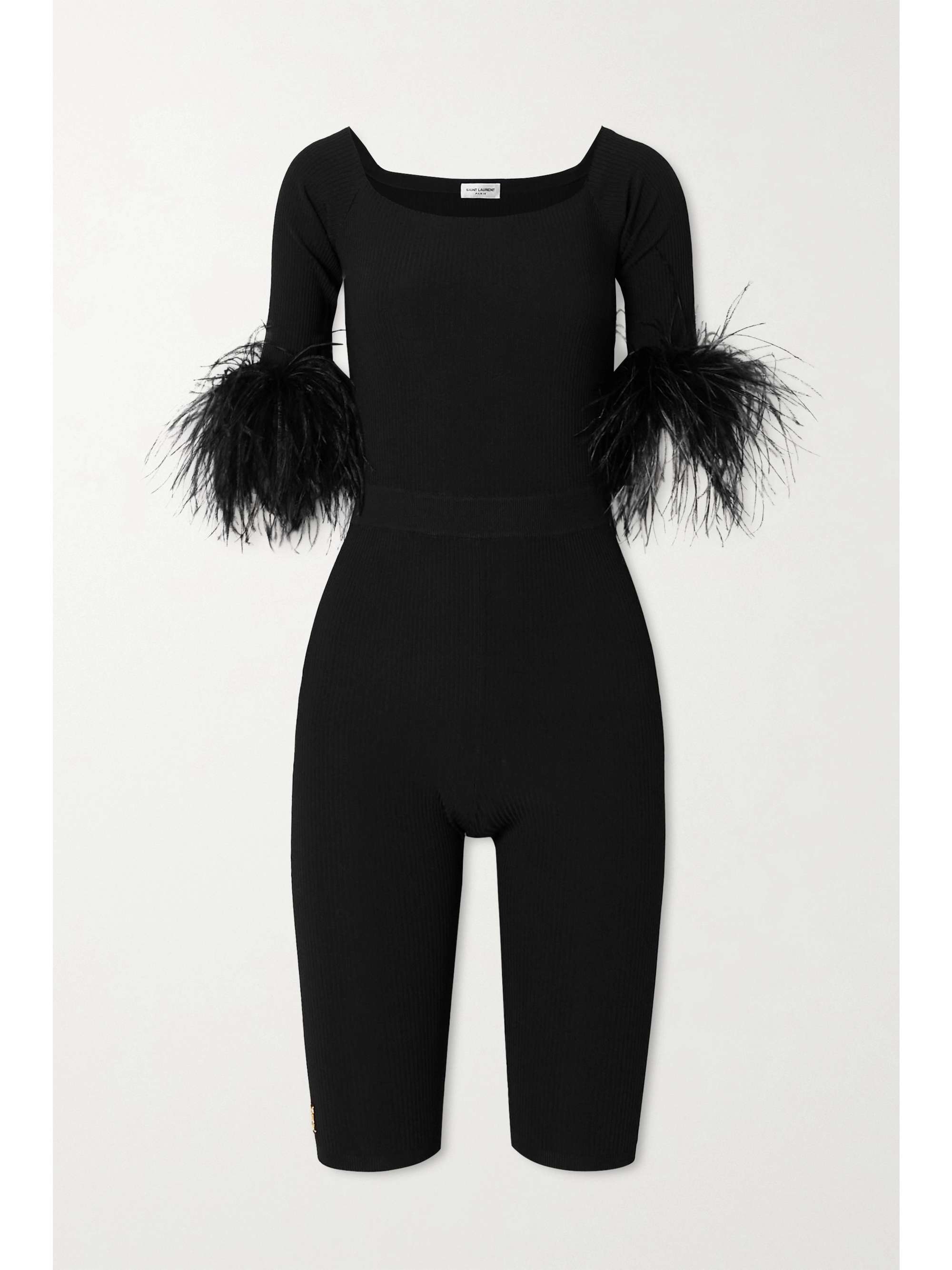 Black Feather-trimmed stretch-knit playsuit | SAINT LAURENT | NET-A-PORTER