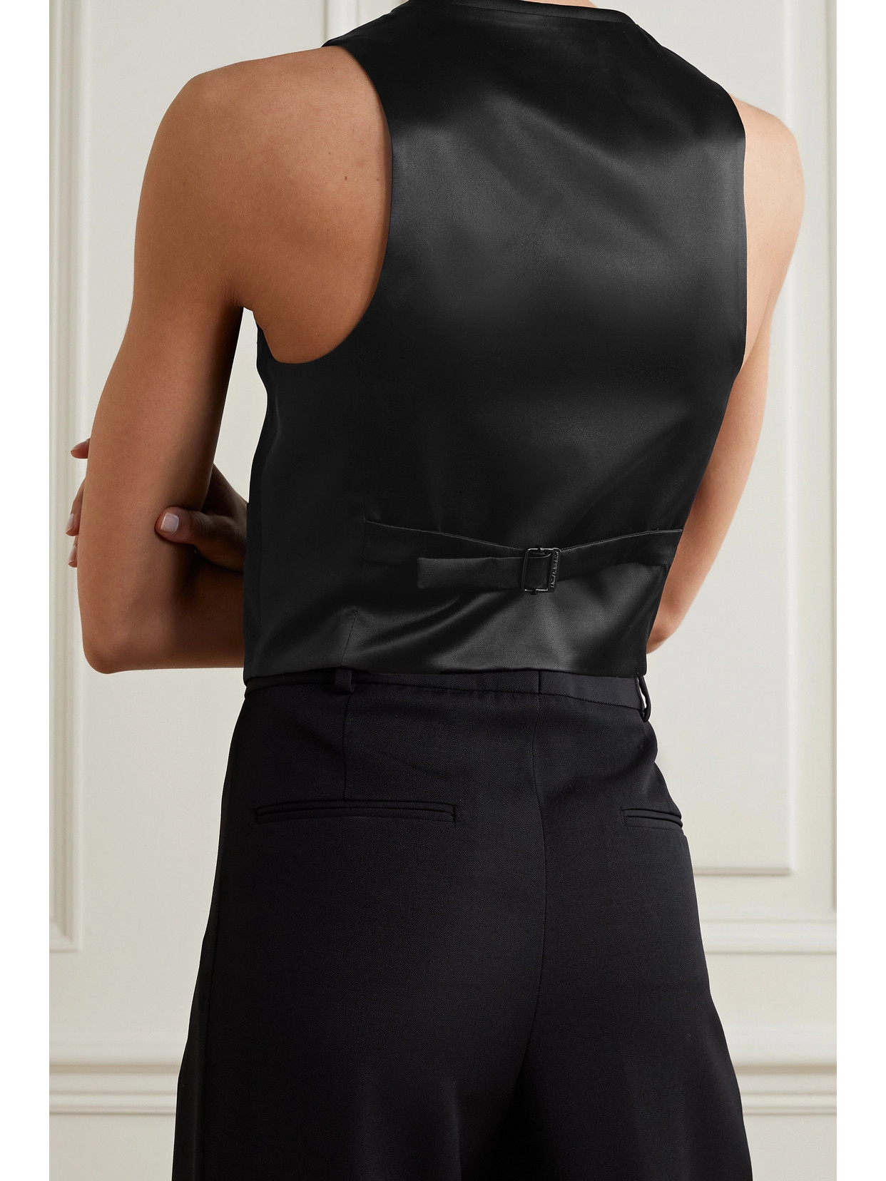 Saint Laurent Cropped Grain De Poudre Wool And Silk-satin Vest In Black
