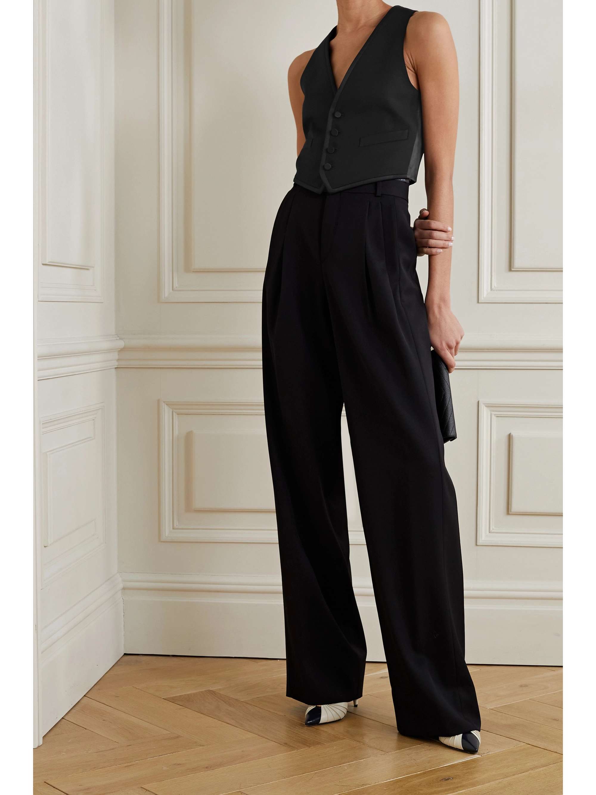 SAINT LAURENT Cropped grain de poudre wool and silk-satin vest