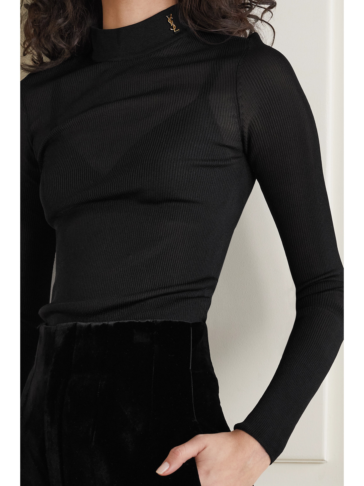 Shop Saint Laurent Ribbed Silk Turtleneck Top In Black