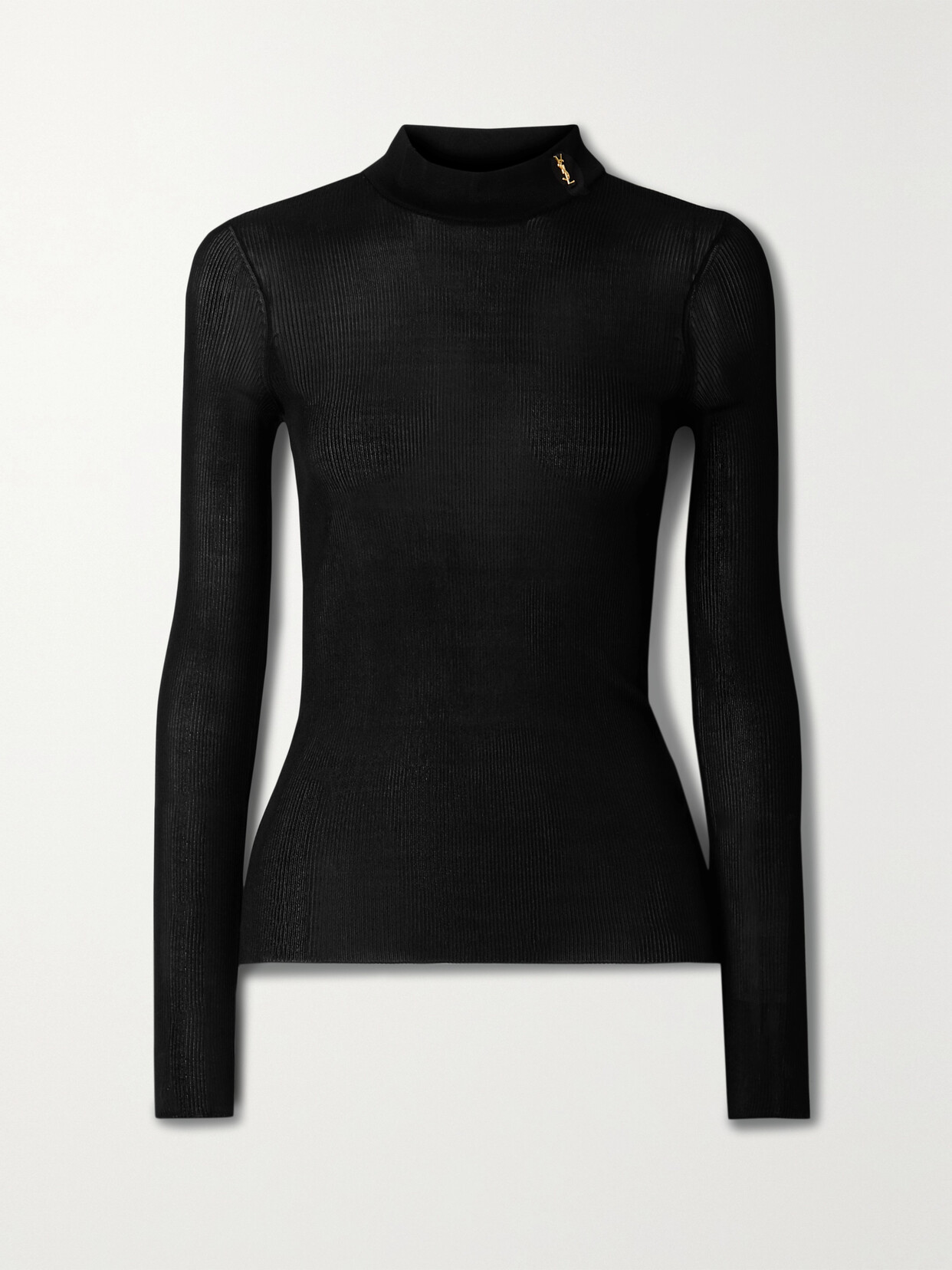 Shop Saint Laurent Ribbed Silk Turtleneck Top In Black