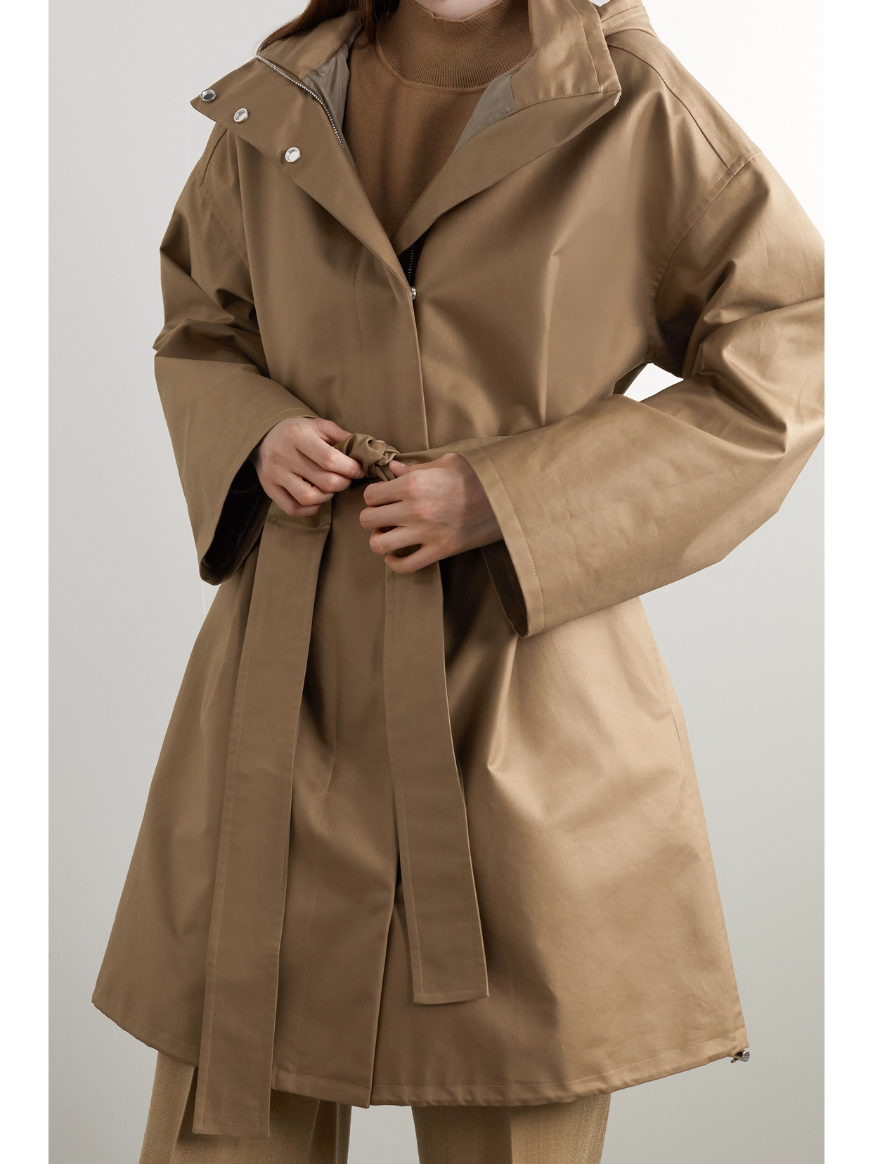 The Row Paulita Hooded Belted Cotton-shell Coat In Neutrals