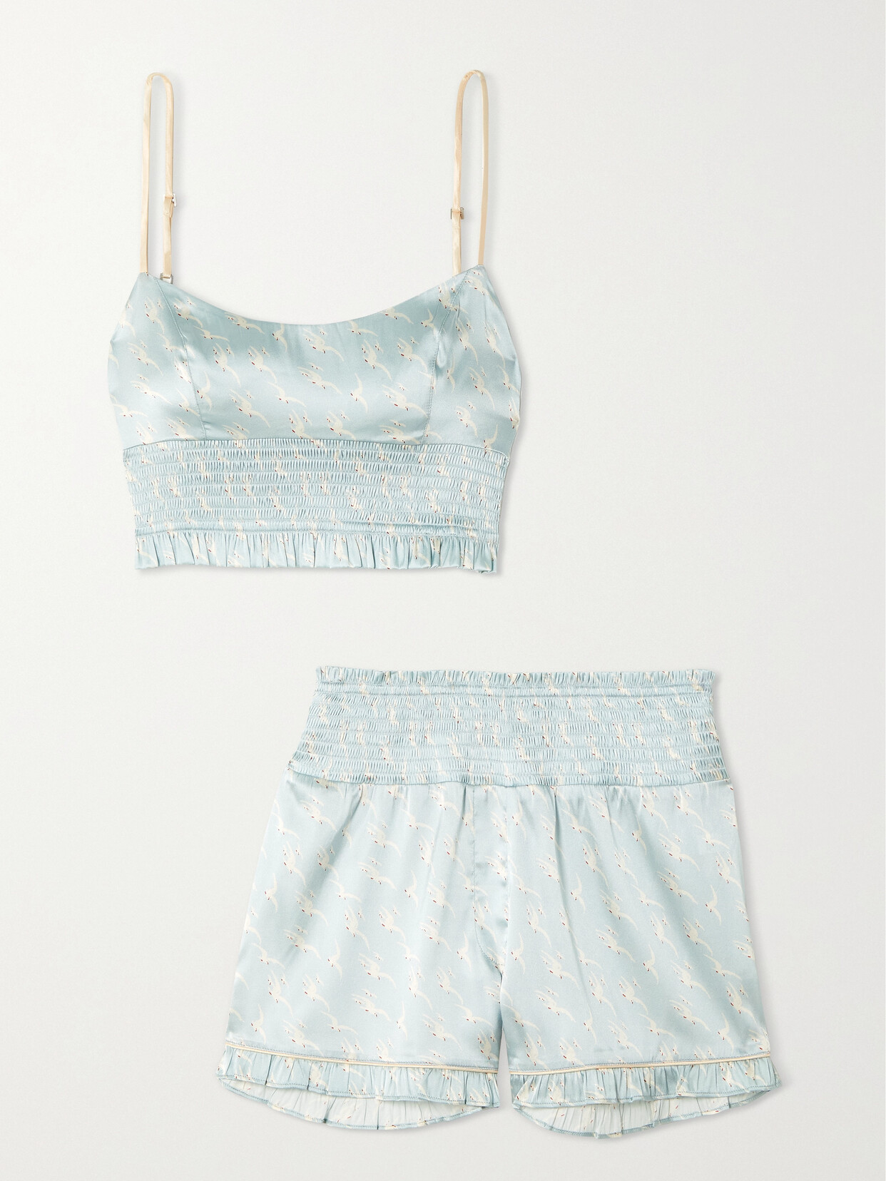 MORGAN LANE Lisa Marta Ruffled Shirred Printed Silk-blend Satin Pajama Set - Blue