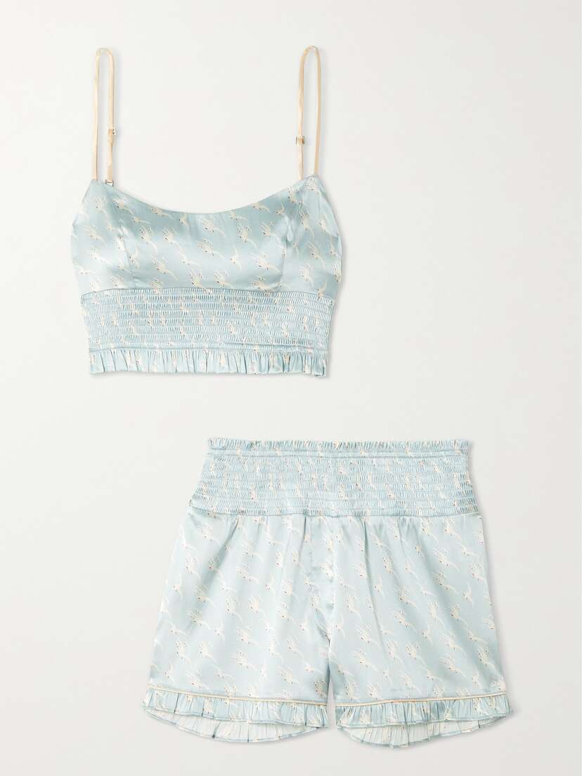 MORGAN LANE Lisa Marta Ruffled Shirred Printed Silk-blend Satin Pajama Set - xx large