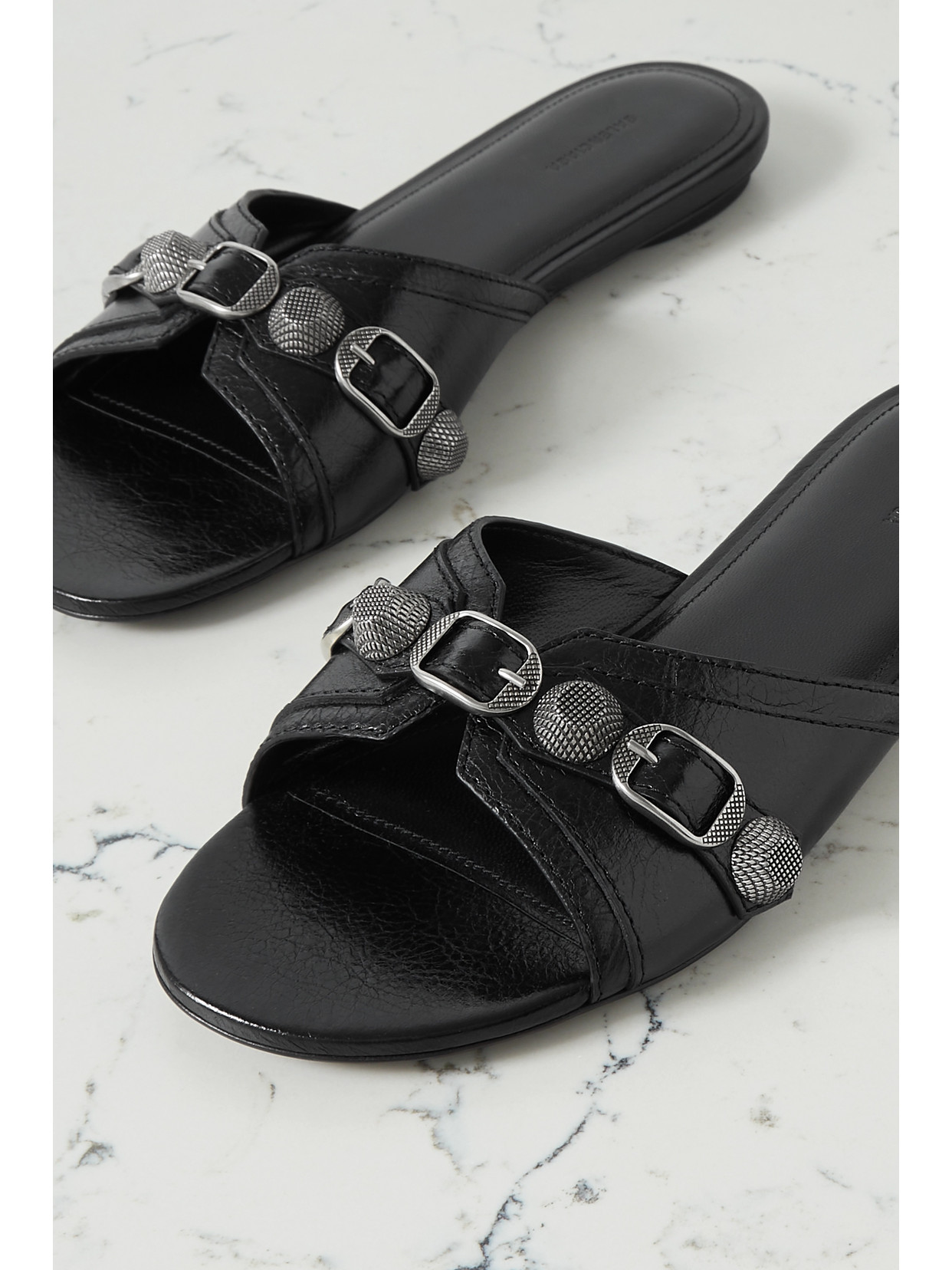 Shop Balenciaga Cagole Embellished Textured-leather Sandals In Black