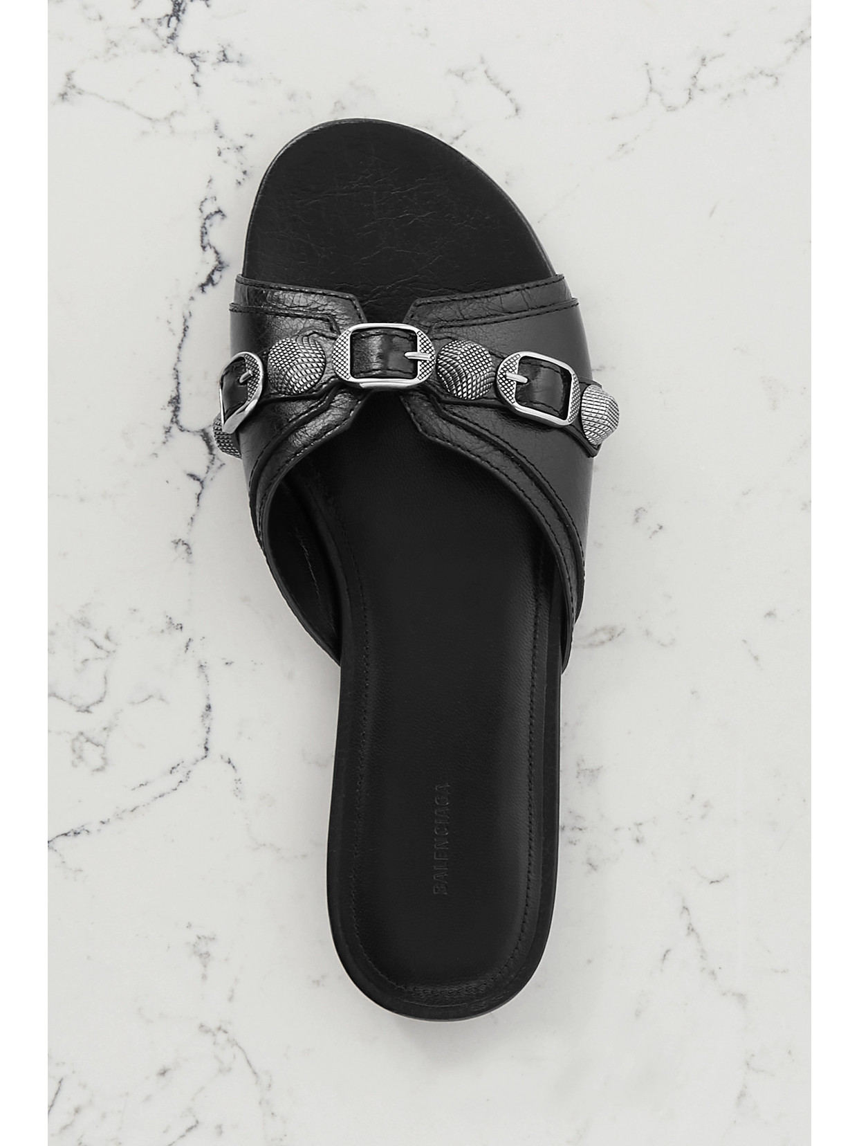 Shop Balenciaga Cagole Embellished Textured-leather Sandals In Black