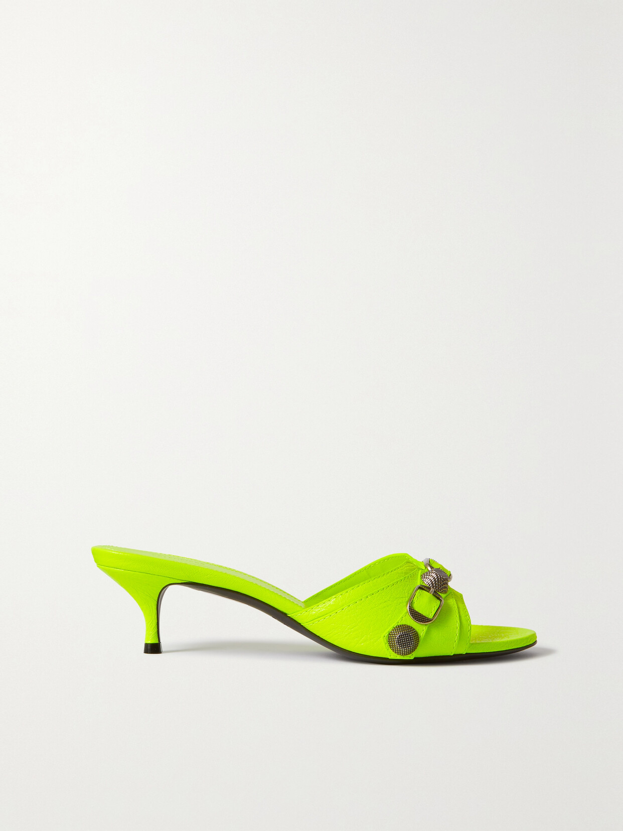 Balenciaga Cagole Studded Neon Crinkled-leather Mules
