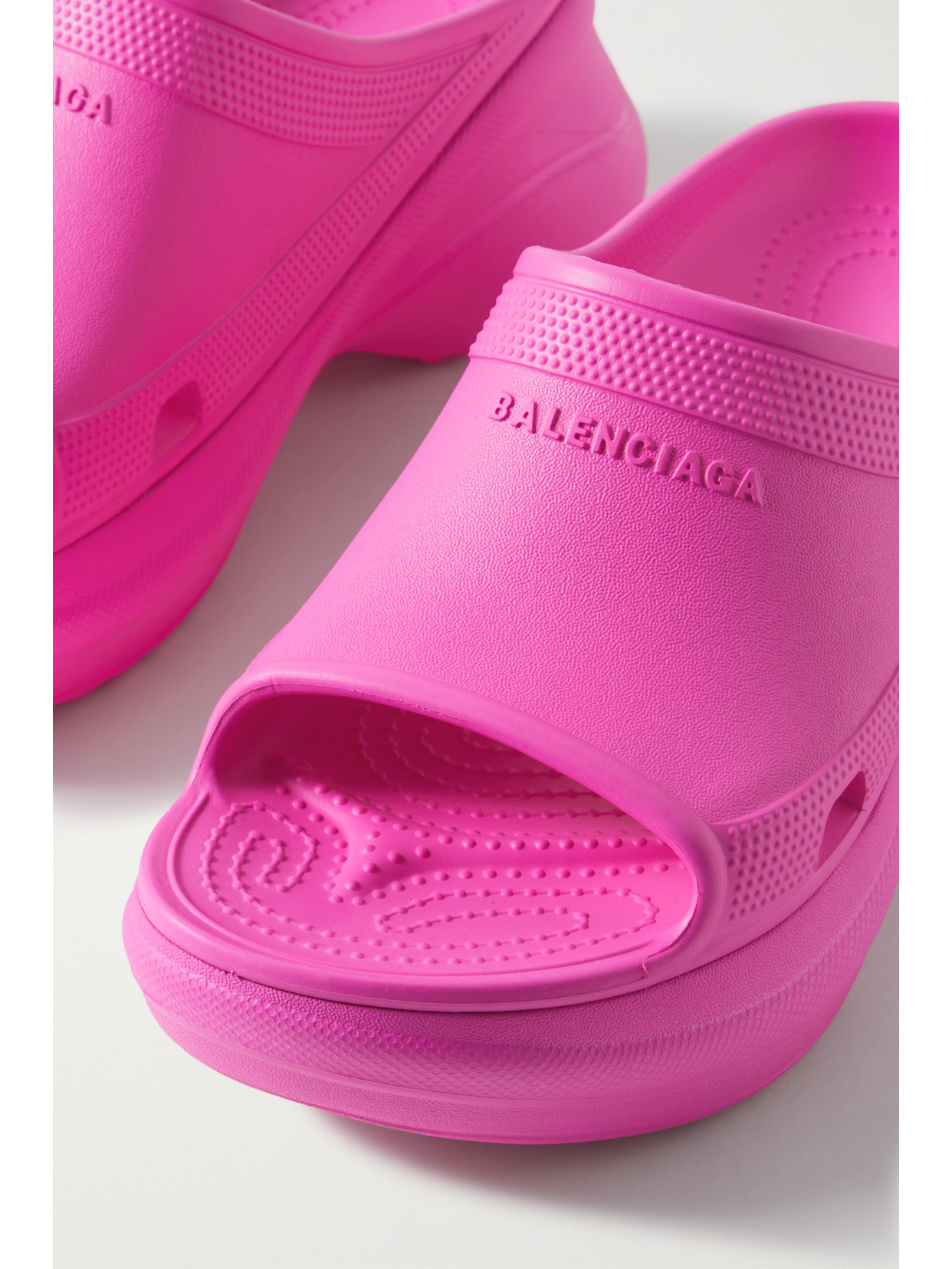 Balenciaga + Crocs Pool Perforated Neon Rubber Slides In Pink