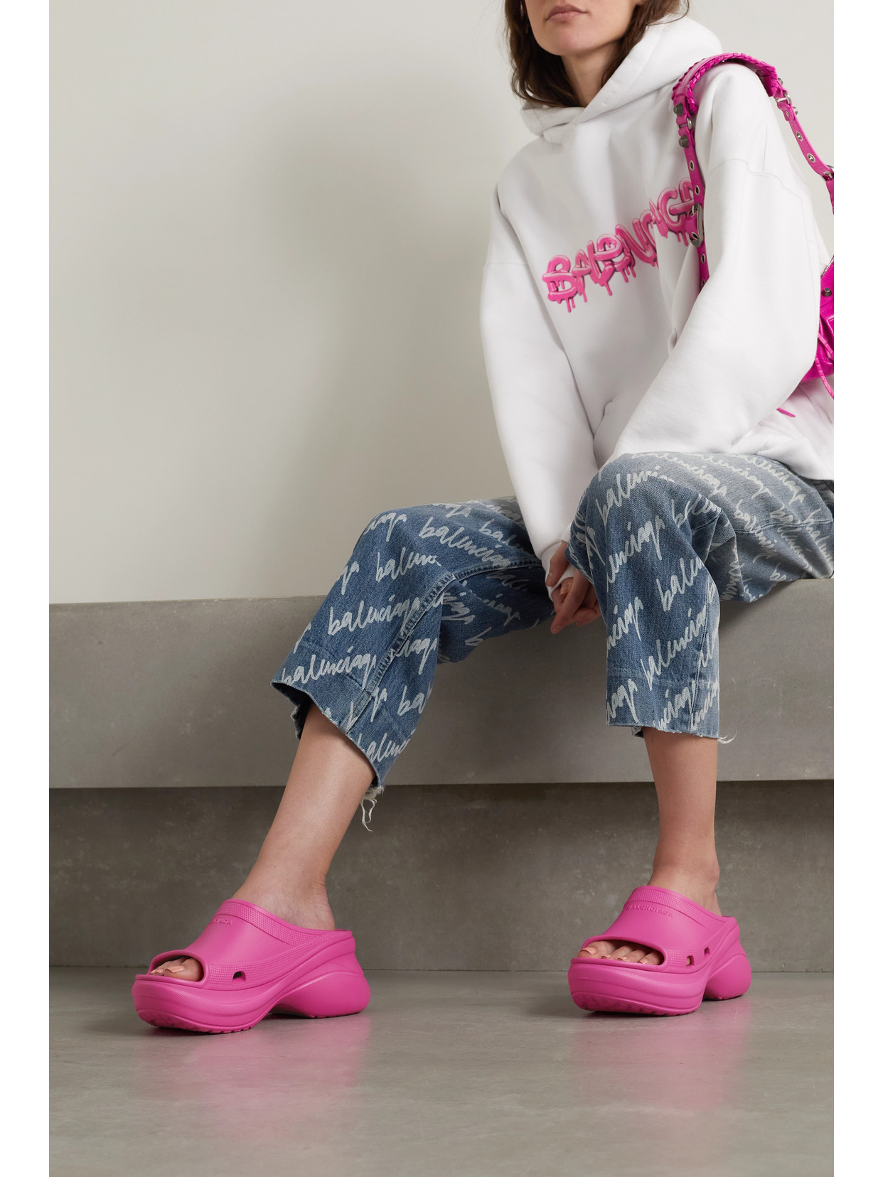 Shop Balenciaga + Crocs Pool Perforated Neon Rubber Slides In Pink