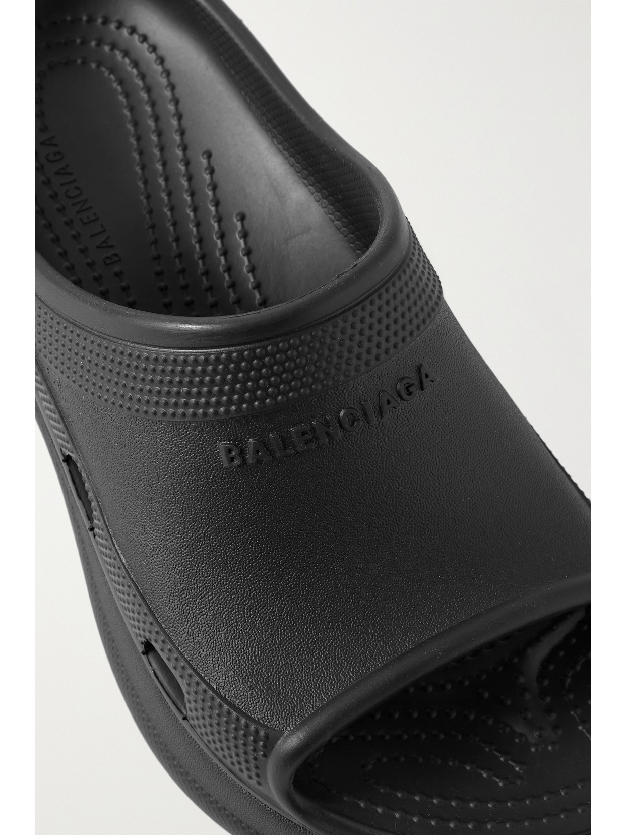 Shop Balenciaga + Crocs Pool Perforated Rubber Slides In Black