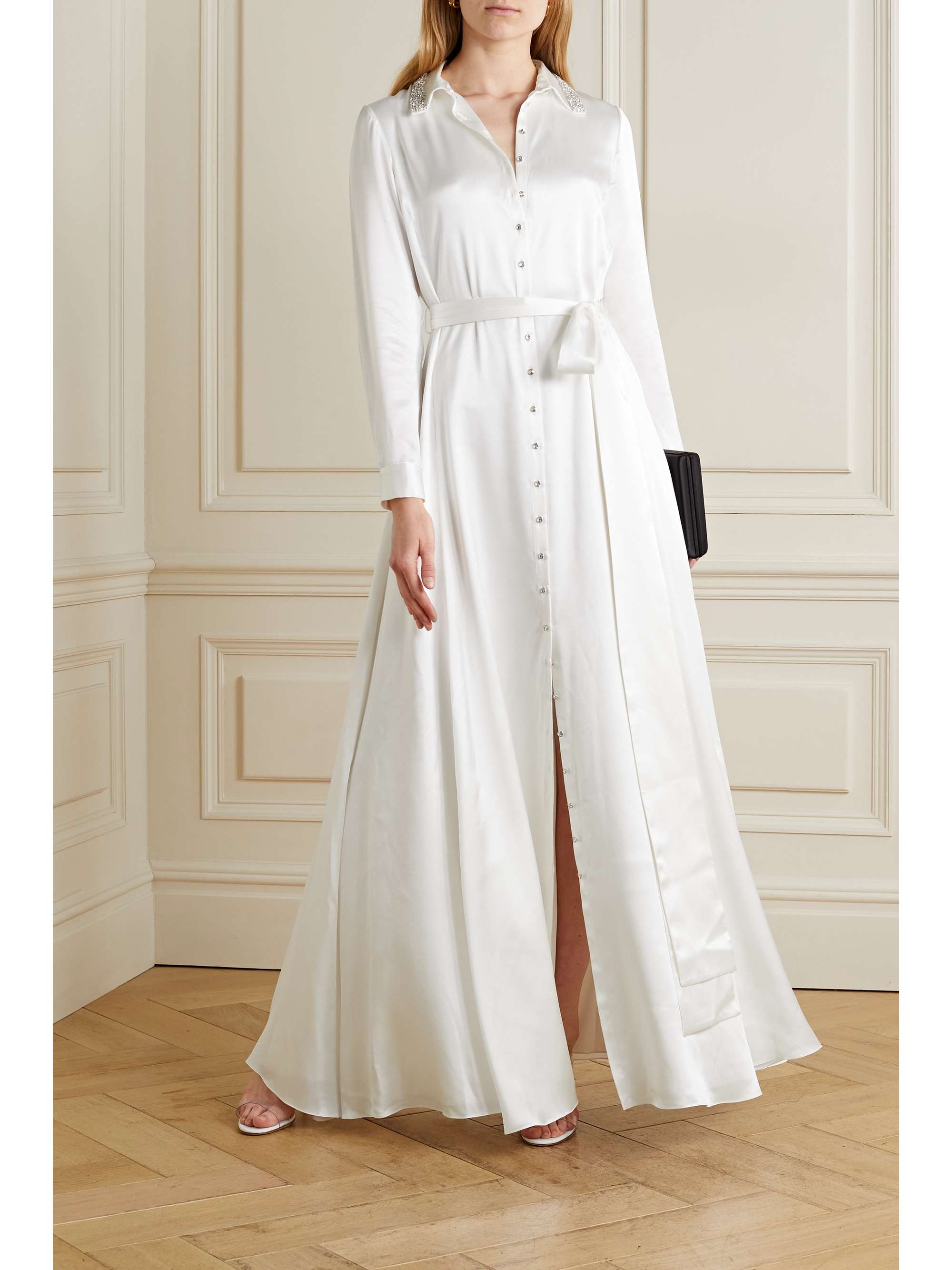 SEMSEM Belted crystal-embellished silk-satin gown