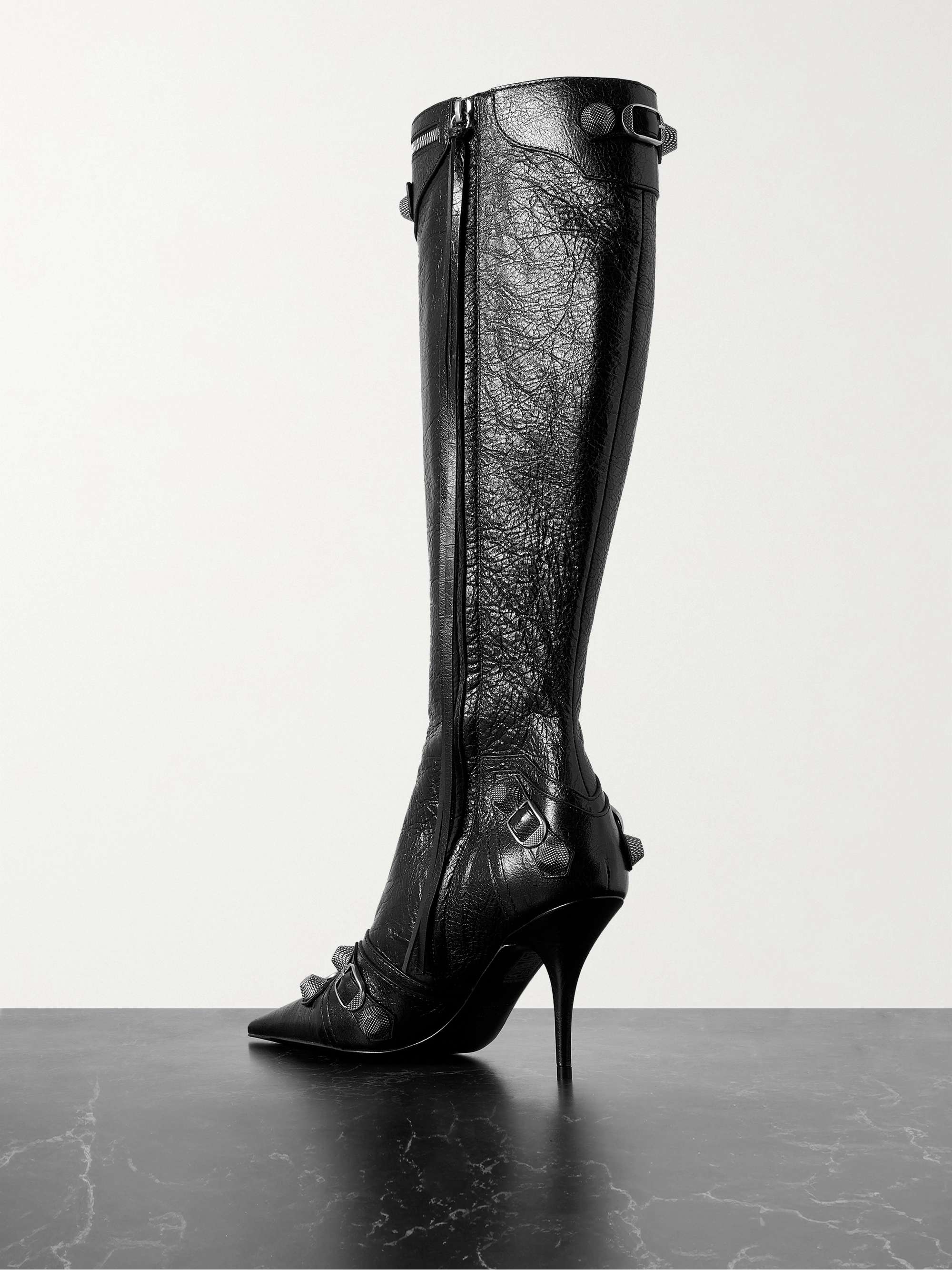 BALENCIAGA Cagole embellished textured-leather knee boots