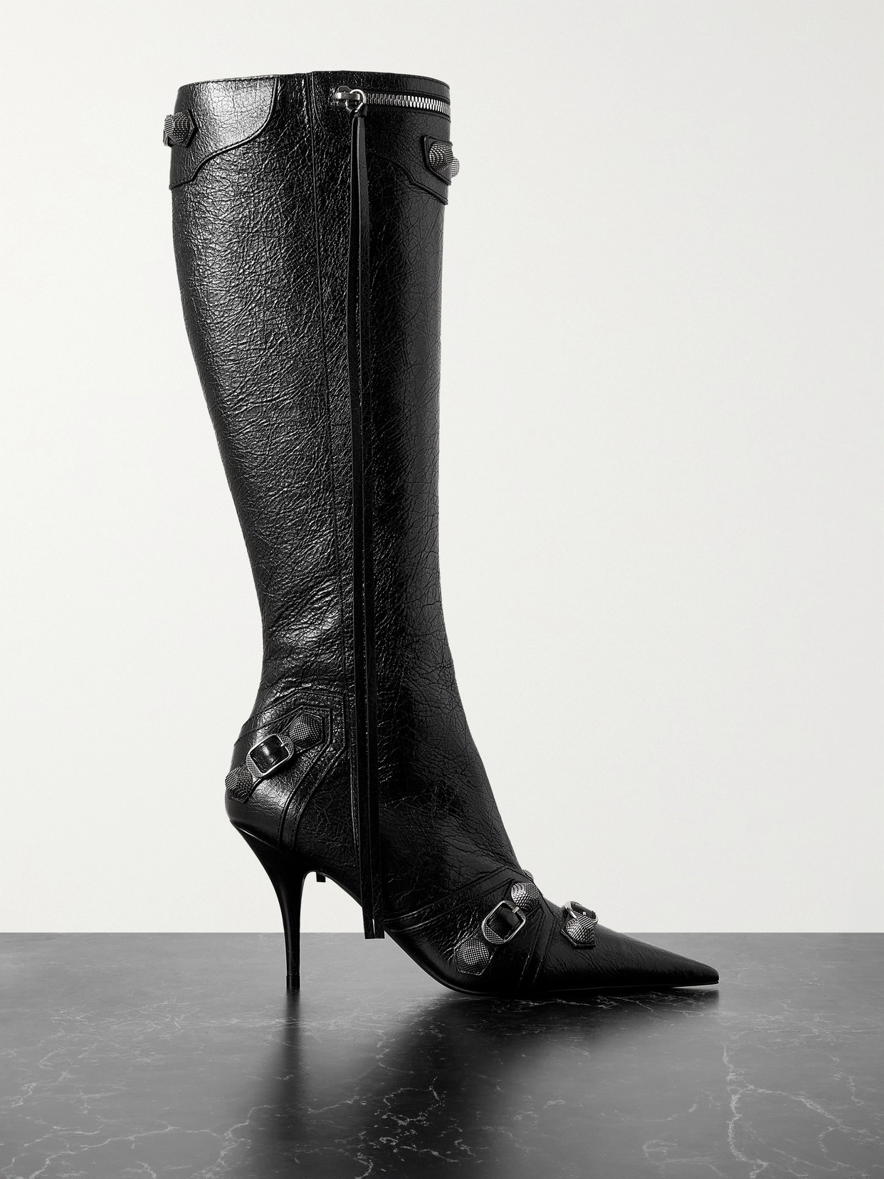 Shop Balenciaga Cagole Embellished Textured-leather Knee Boots In Black