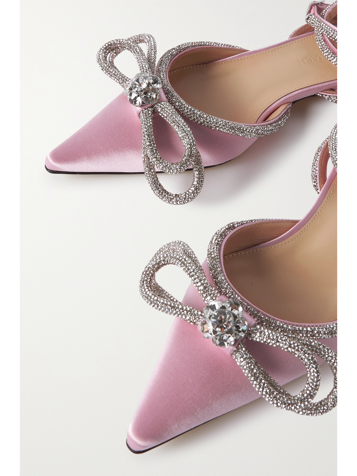 Mach&mach Double Bow Crystal-embellished Satin Point-toe Flats In Pink