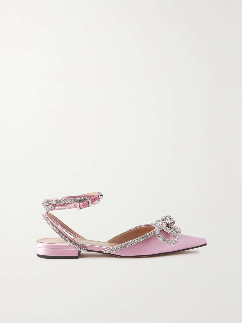 Mach & Mach Double Bow Crystal-embellished Satin Point-toe Flats