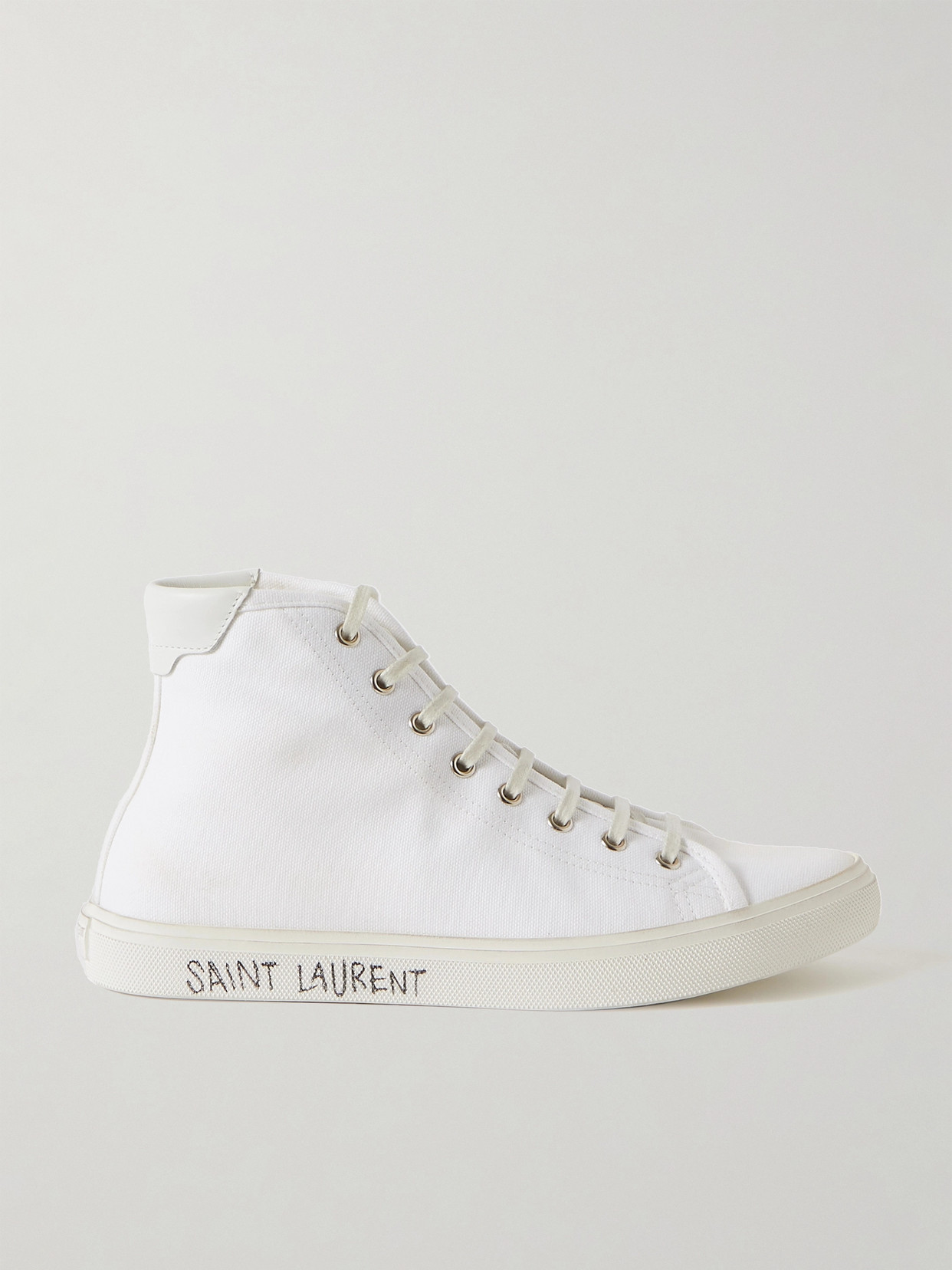 SAINT LAURENT MALIBU LEATHER-TRIMMED DISTRESSED COTTON-CANVAS HIGH-TOP SNEAKERS