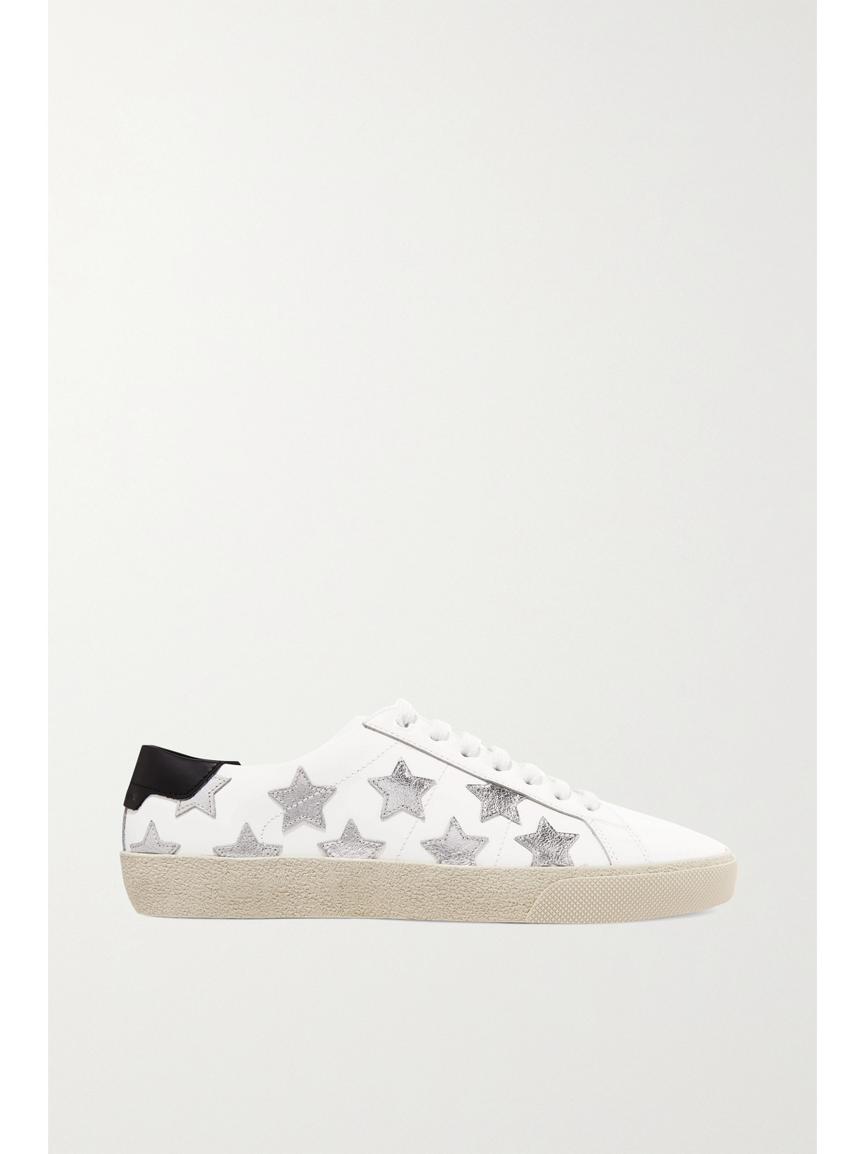 SAINT LAURENT COURT CLASSIC APPLIQUÉD METALLIC-TRIMMED LEATHER SNEAKERS