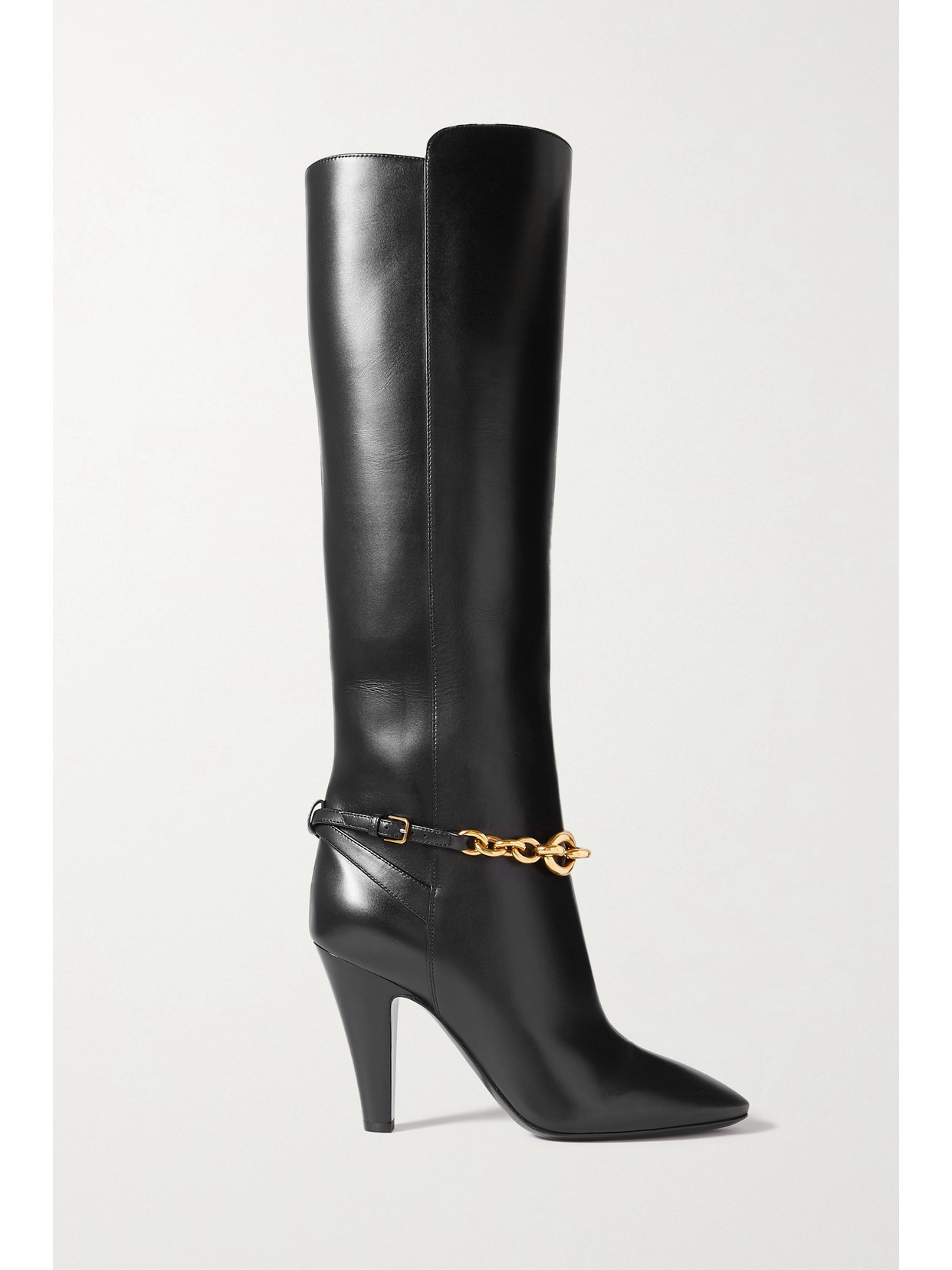 SAINT LAURENT LE MAILLON CHAIN-EMBELLISHED LEATHER KNEE BOOTS