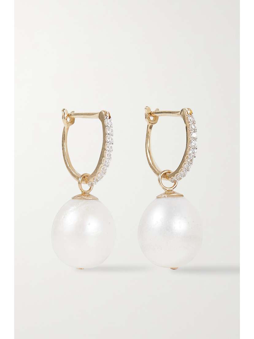 Loren Stewart Teardrop Huggies Gold, Cubic Zirconia And Pearl Earrings