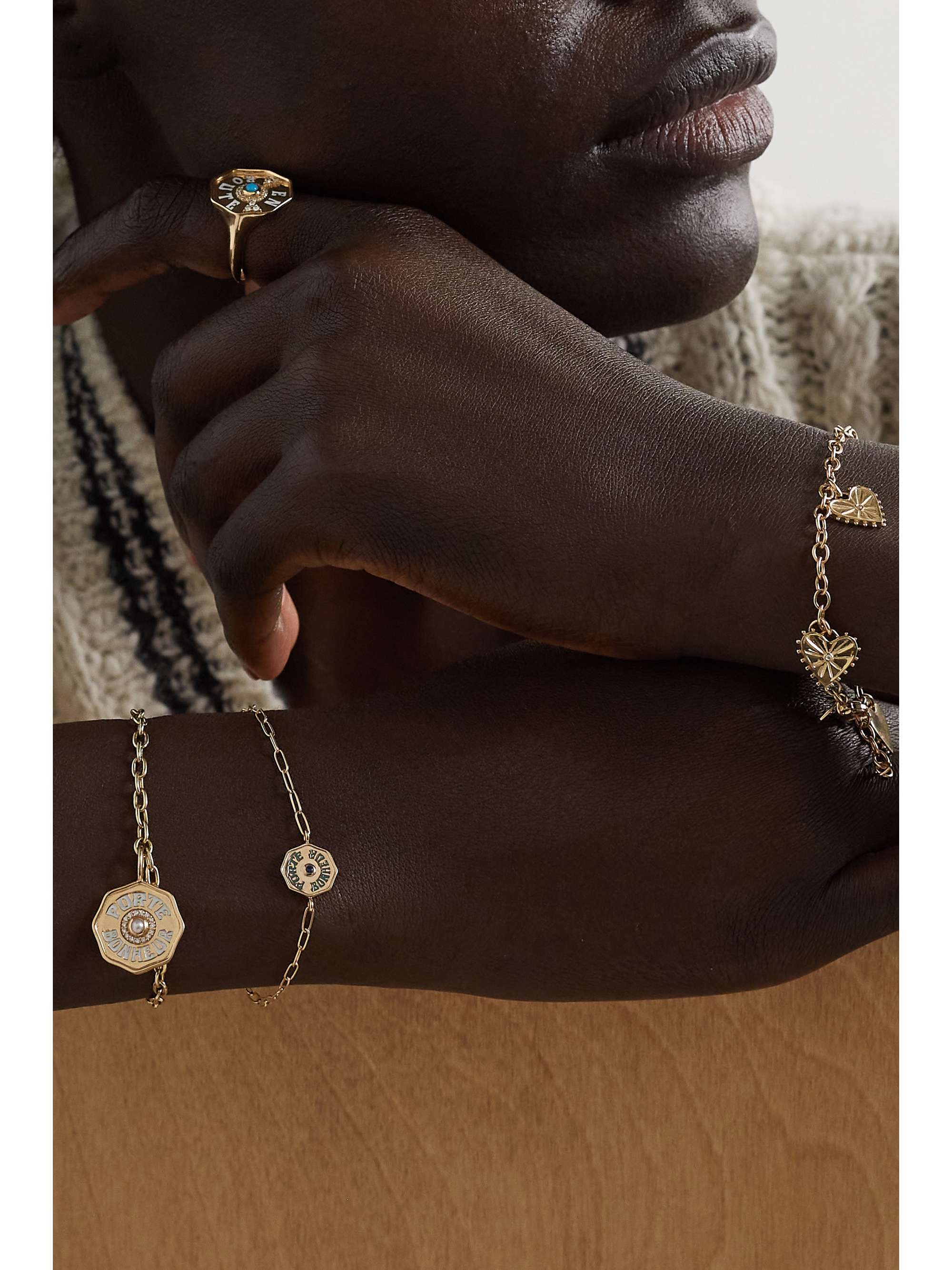 MARLO LAZ Wee Porte Bonheur Coin 14-karat gold, enamel and sapphire bracelet