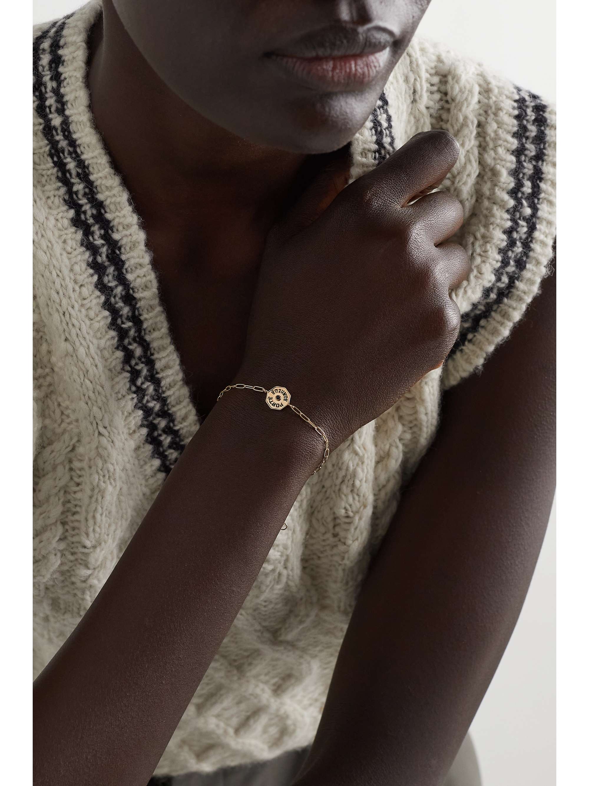 MARLO LAZ Wee Porte Bonheur Coin 14-karat gold, enamel and sapphire bracelet