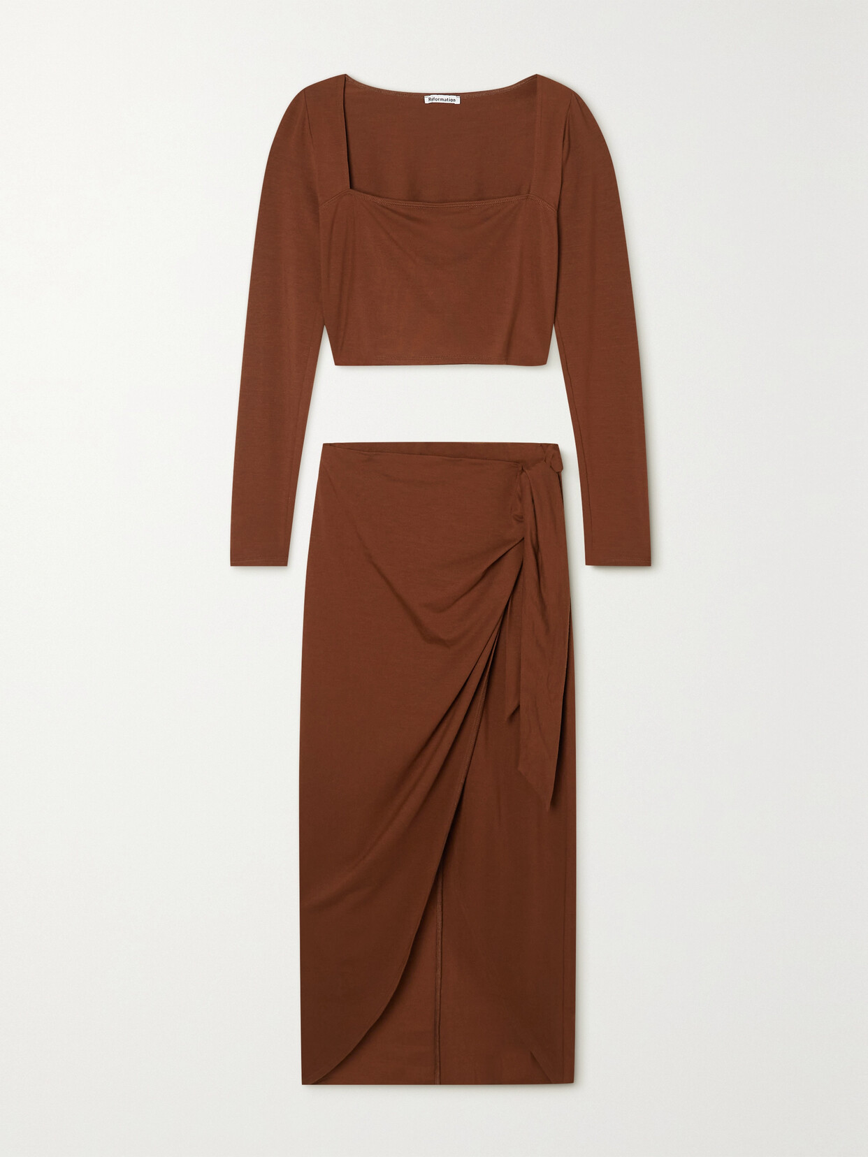 REFORMATION – + Net Sustain Tessa Stretch-tencel Lyocell Cropped Top And Wrap Skirt Set – Brick REFORMATION – + Net Sustain Tessa Stretch-tencel Lyocell Cropped Top And Wrap Skirt Set – Brick