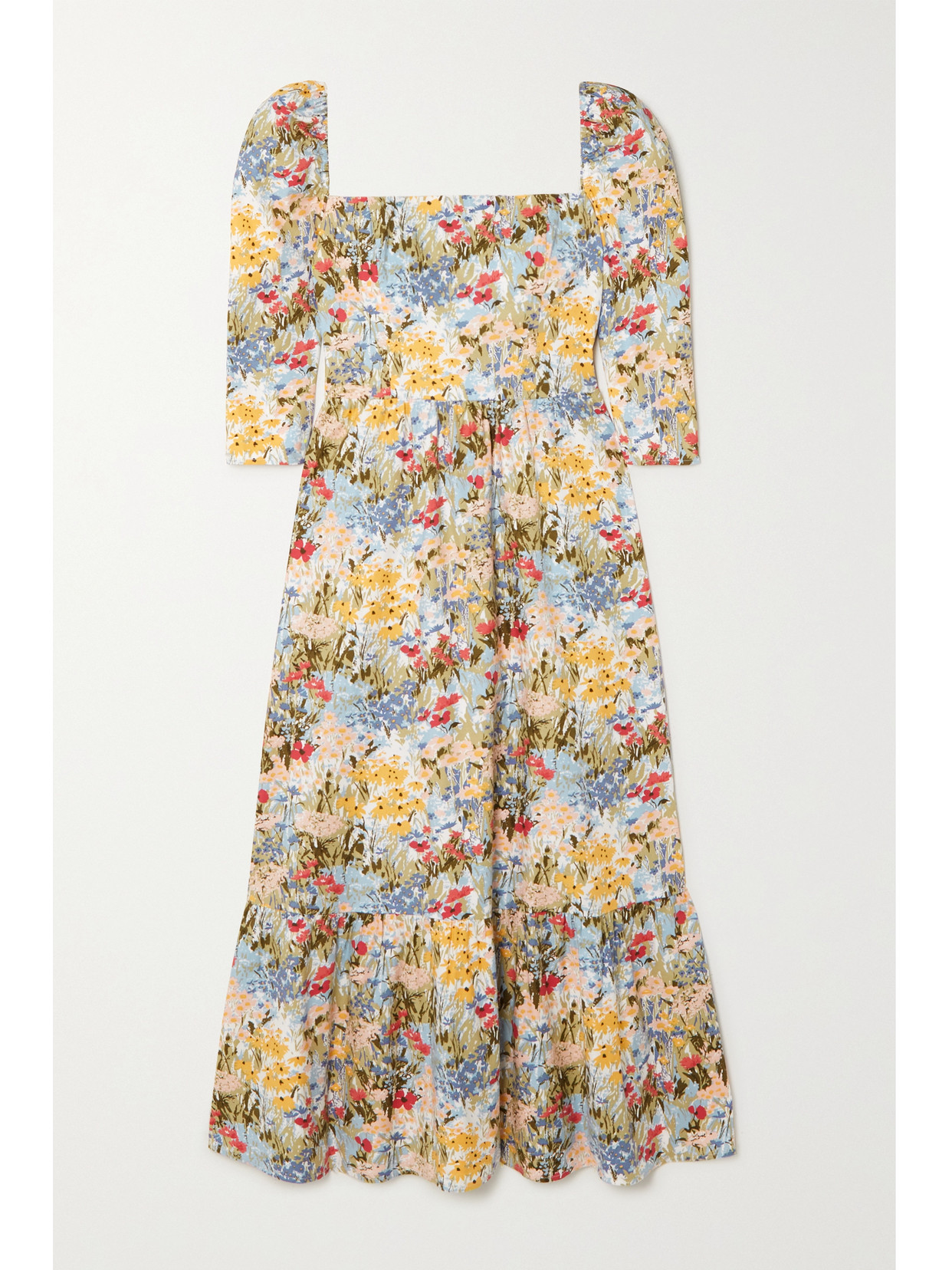 REFORMATION CYPRUS TIERED FLORAL-PRINT ORGANIC COTTON-BLEND POPLIN MIDI DRESS