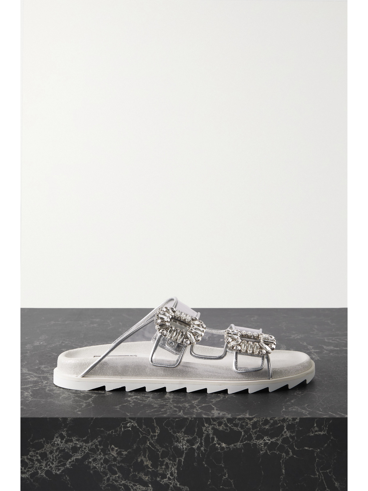 Shop Roger Vivier Slidy Viv Strass Crystal-embellished Pvc Slides In Silver