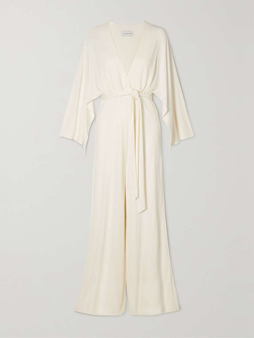 Halston Raegan Belted Draped Jersey Jumpsuit