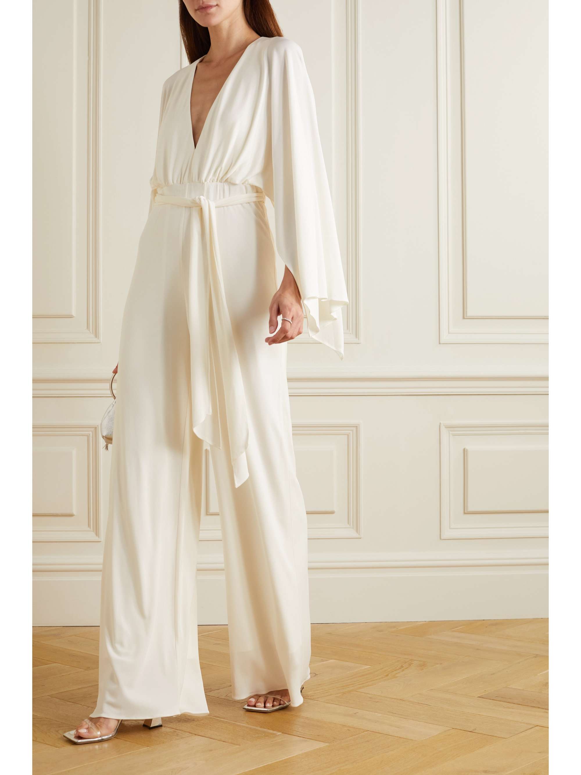 HALSTON Raegan belted draped jersey jumpsuit