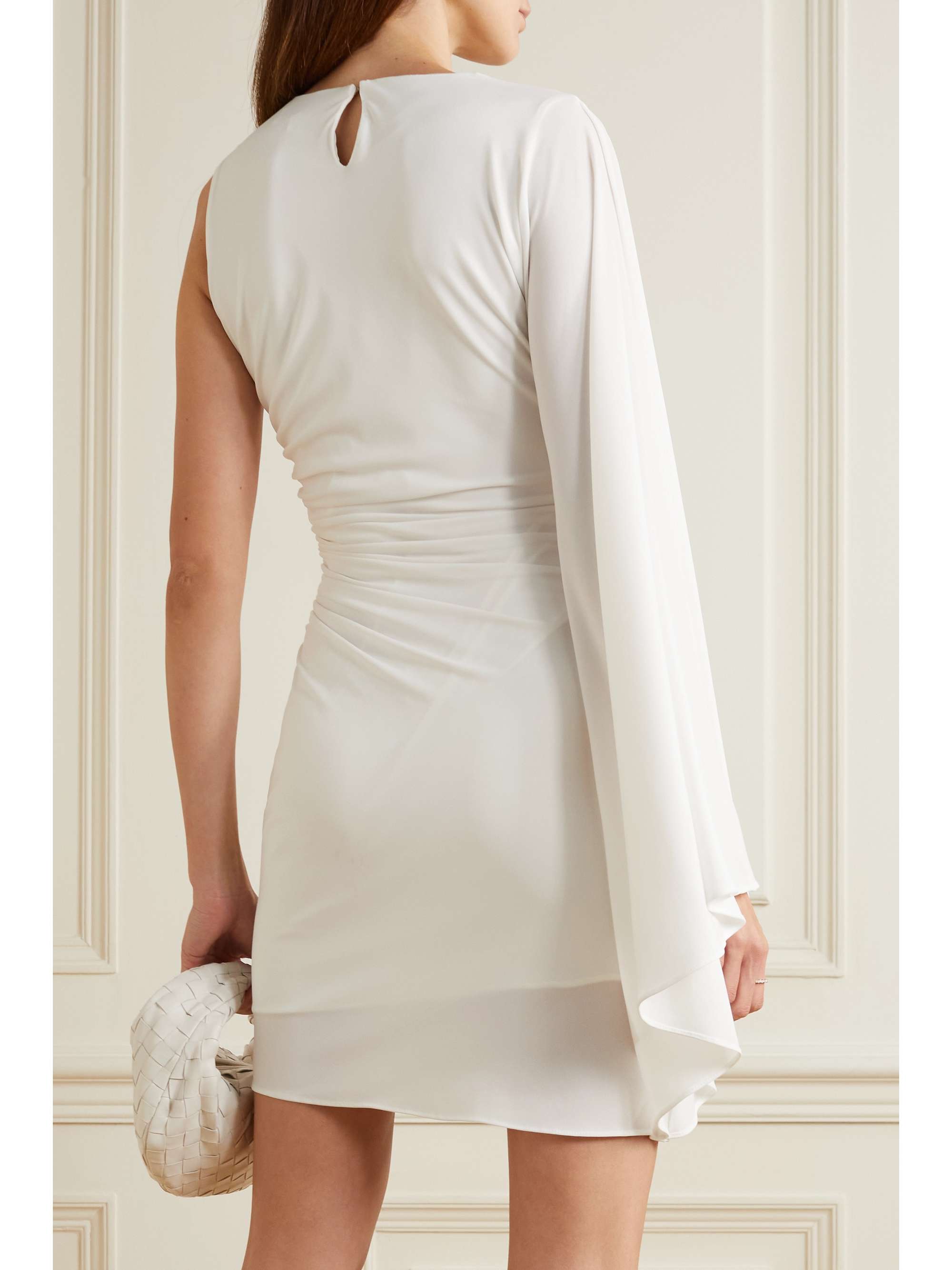 HALSTON Kenna one-sleeve ruched crepe mini dress