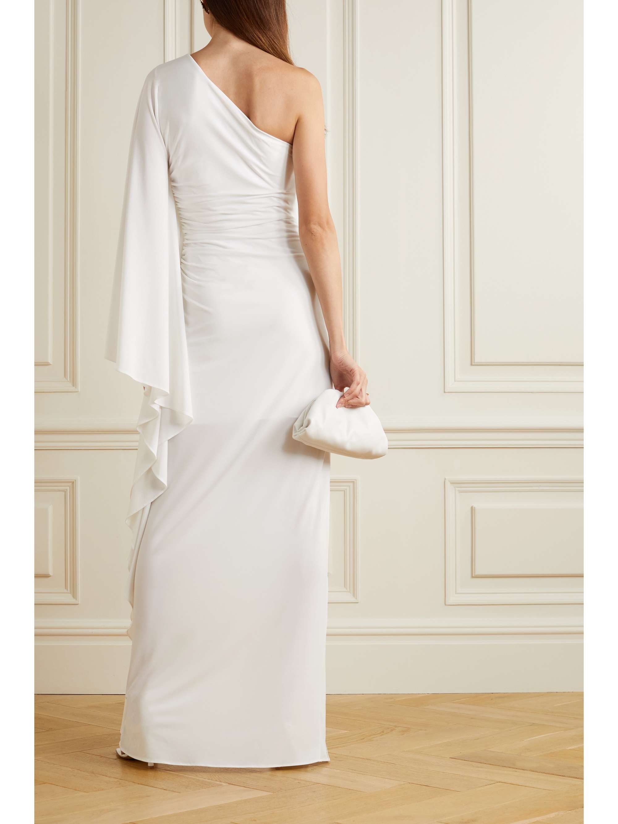 HALSTON Ellen one-shoulder cape-effect ruched stretch-crepe gown