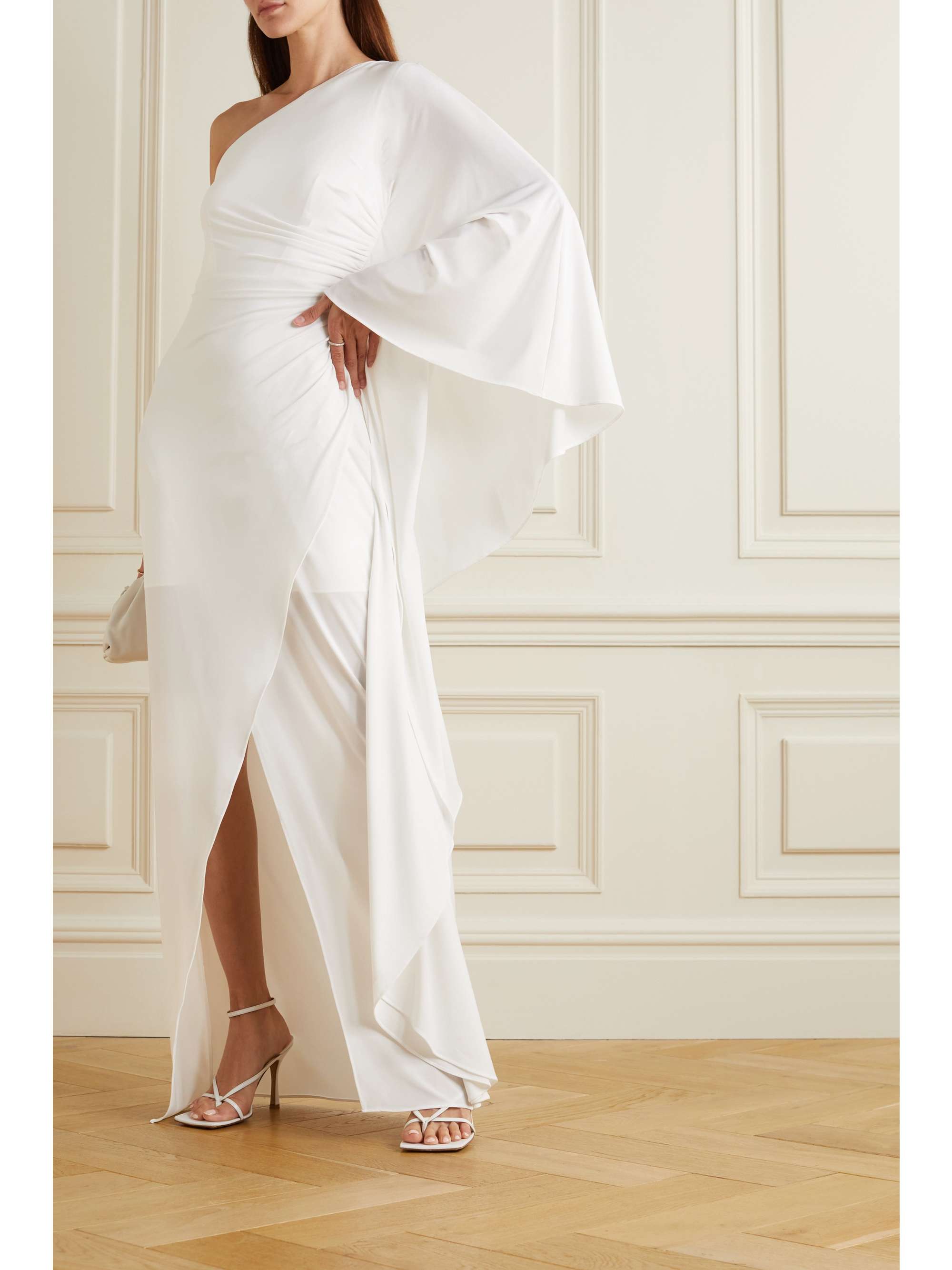 HALSTON Ellen one-shoulder cape-effect ruched stretch-crepe gown