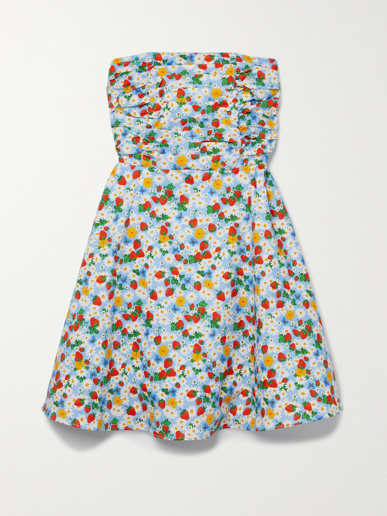 HVN Karla Strapless Ruched Printed Cotton-blend Poplin Mini Dress - Blue